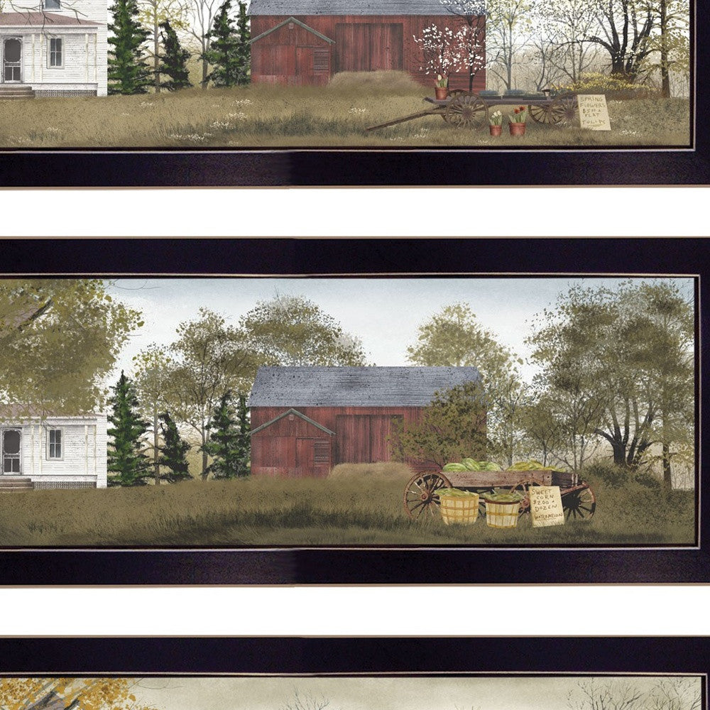 Set Of Four Holiday Seasons on the Farm Black Framed Print Wall Art