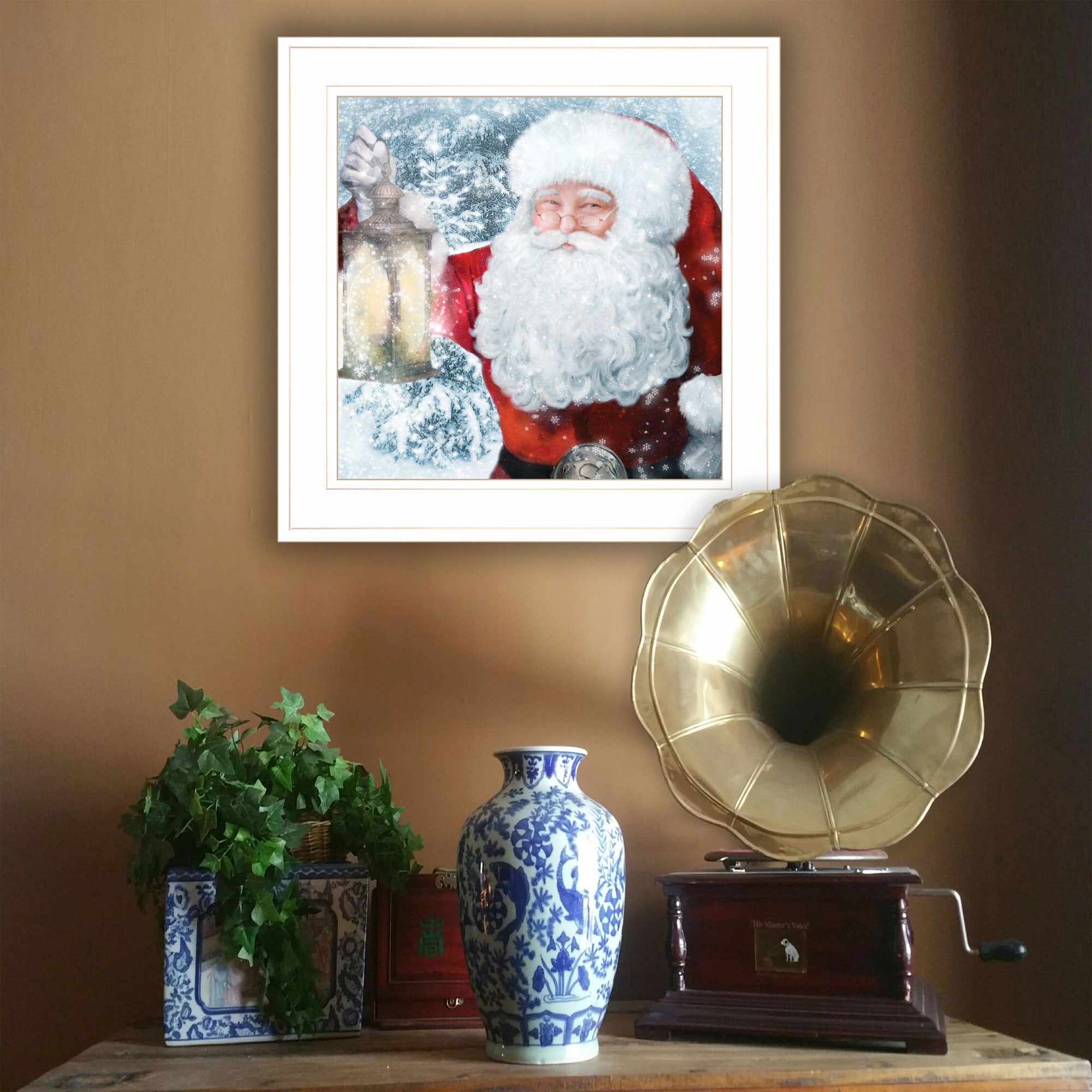 Santa With Lantern 1 White Framed Print Wall Art