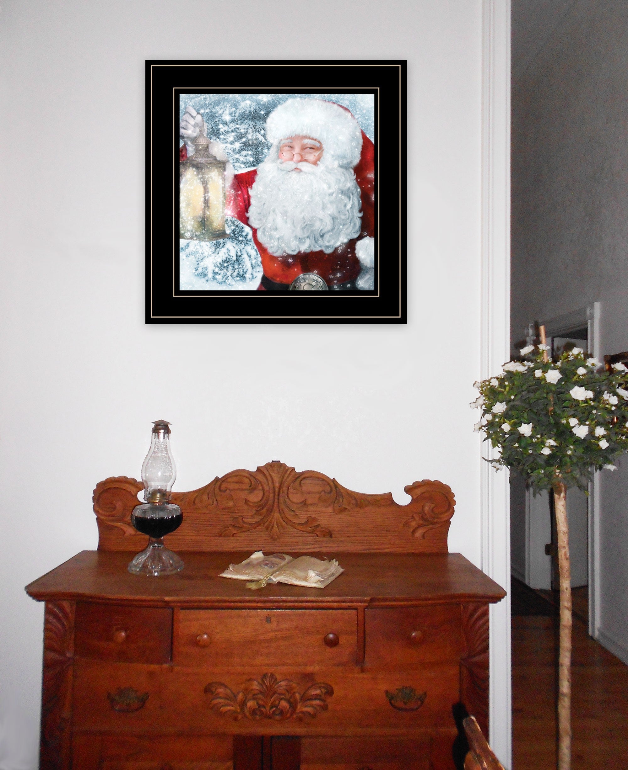 Santa With Lantern Black Framed Print Wall Art