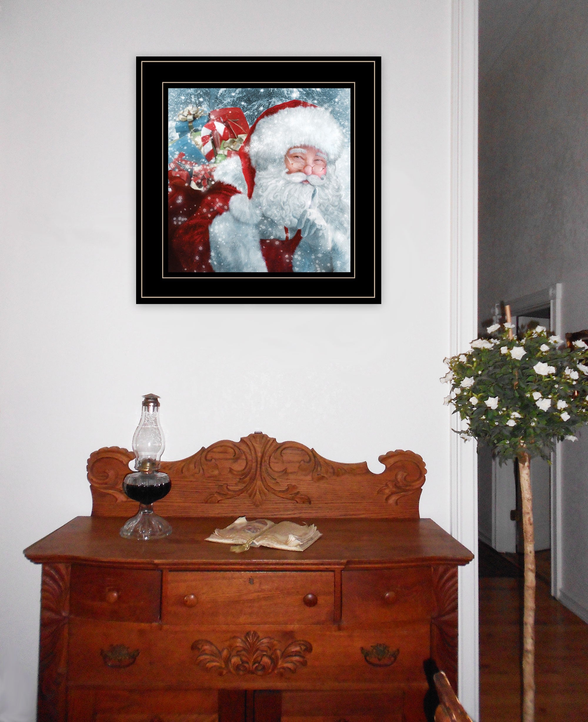 Santa With Presents 2 Black Framed Print Wall Art