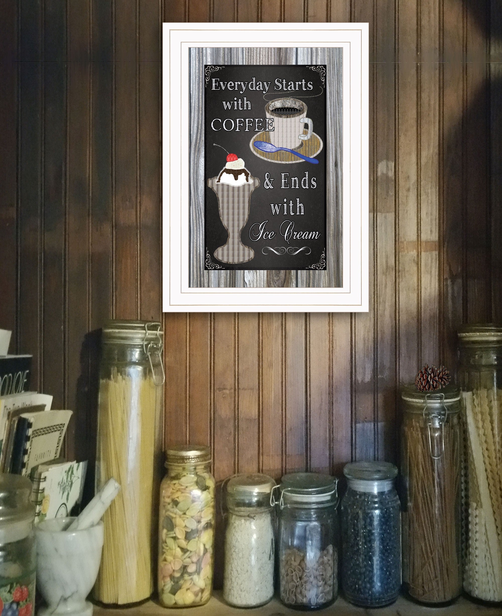 Everyday Starts With Coffee Chalkboard Framed 1 White Framed Print Wall Art