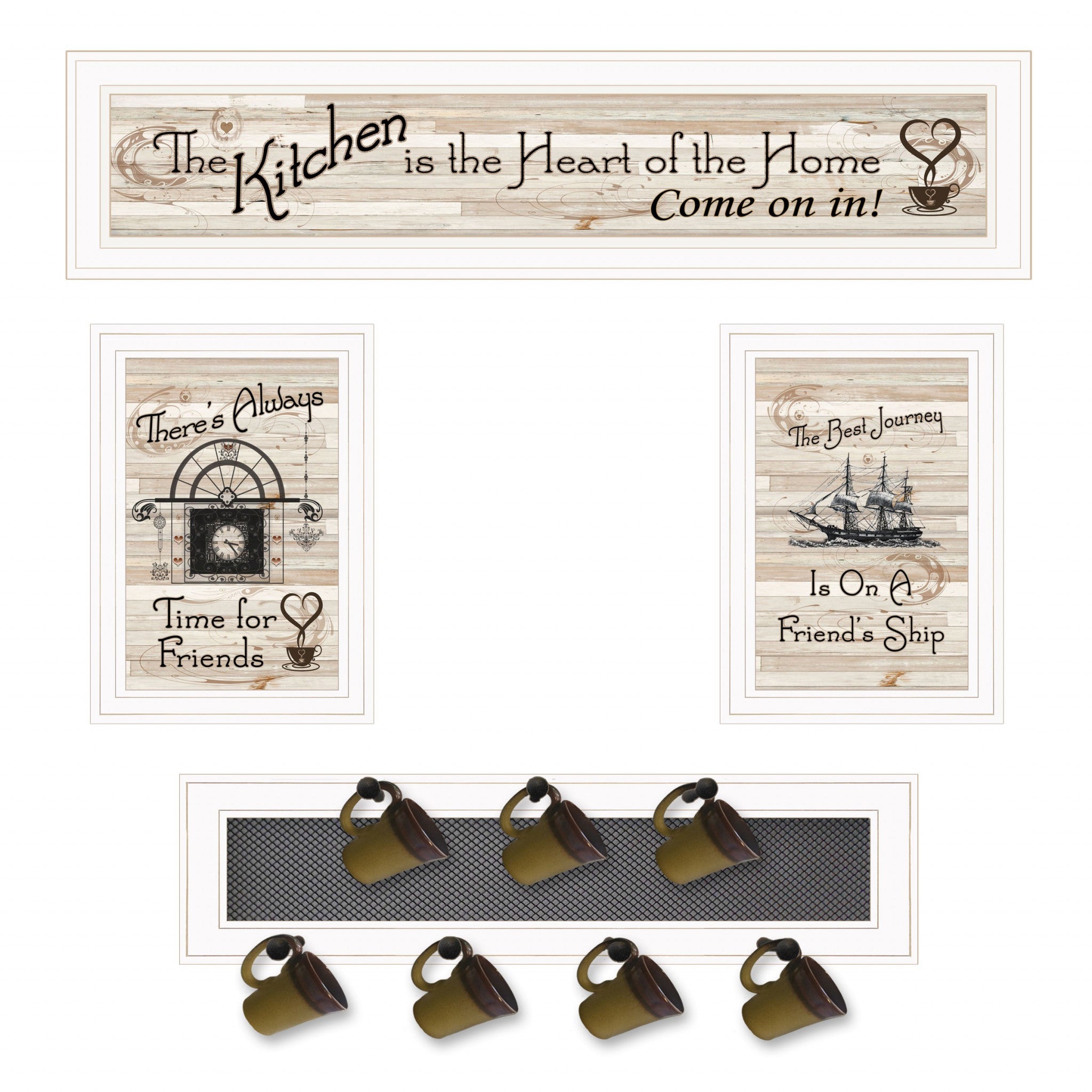 Set Of Four Kitchen Print (33x8) & Mug Rack(Horizonal) 27x8x3 White Frame White Framed Print Wall Art