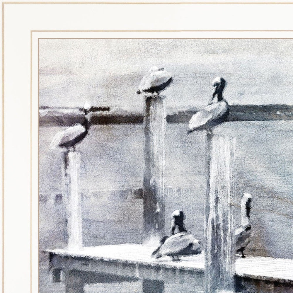 Birds On A Pier 2 White Framed Print Wall Art