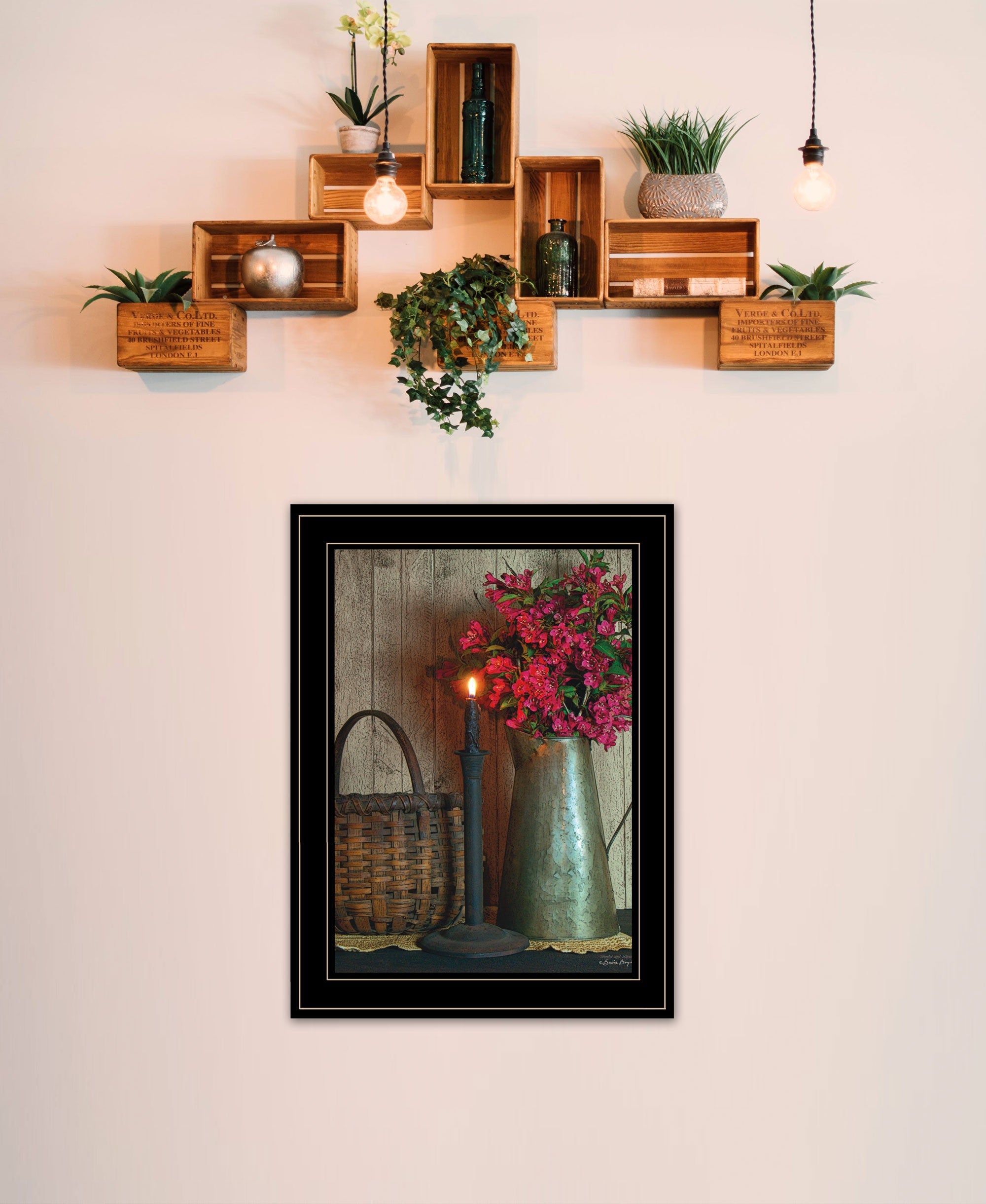 Basket & Blossoms Black Framed Print Wall Art