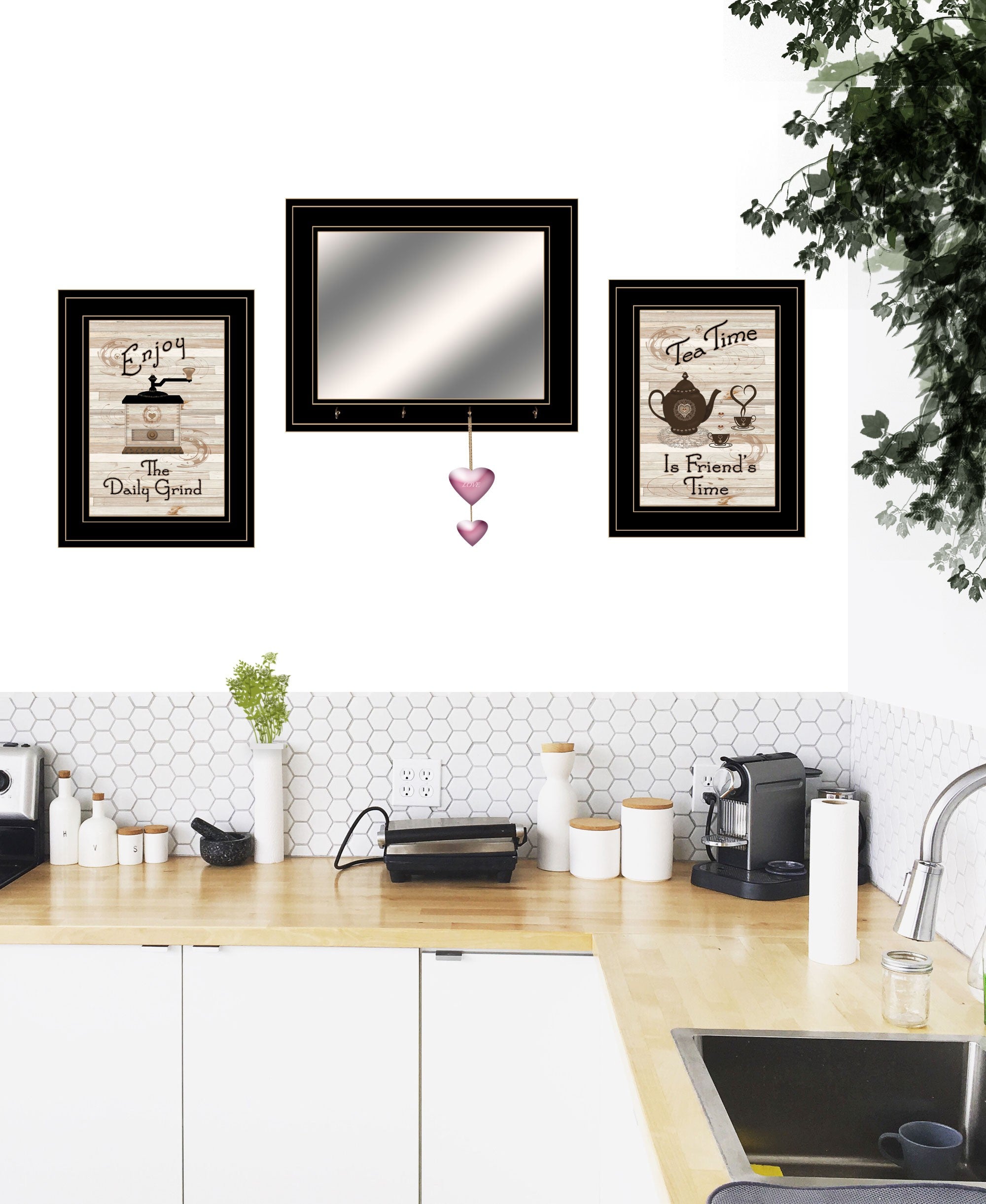 Set Of Three Enjoy Tea Time 7 Black Framed Print Kitchen Wall Art and Mirror