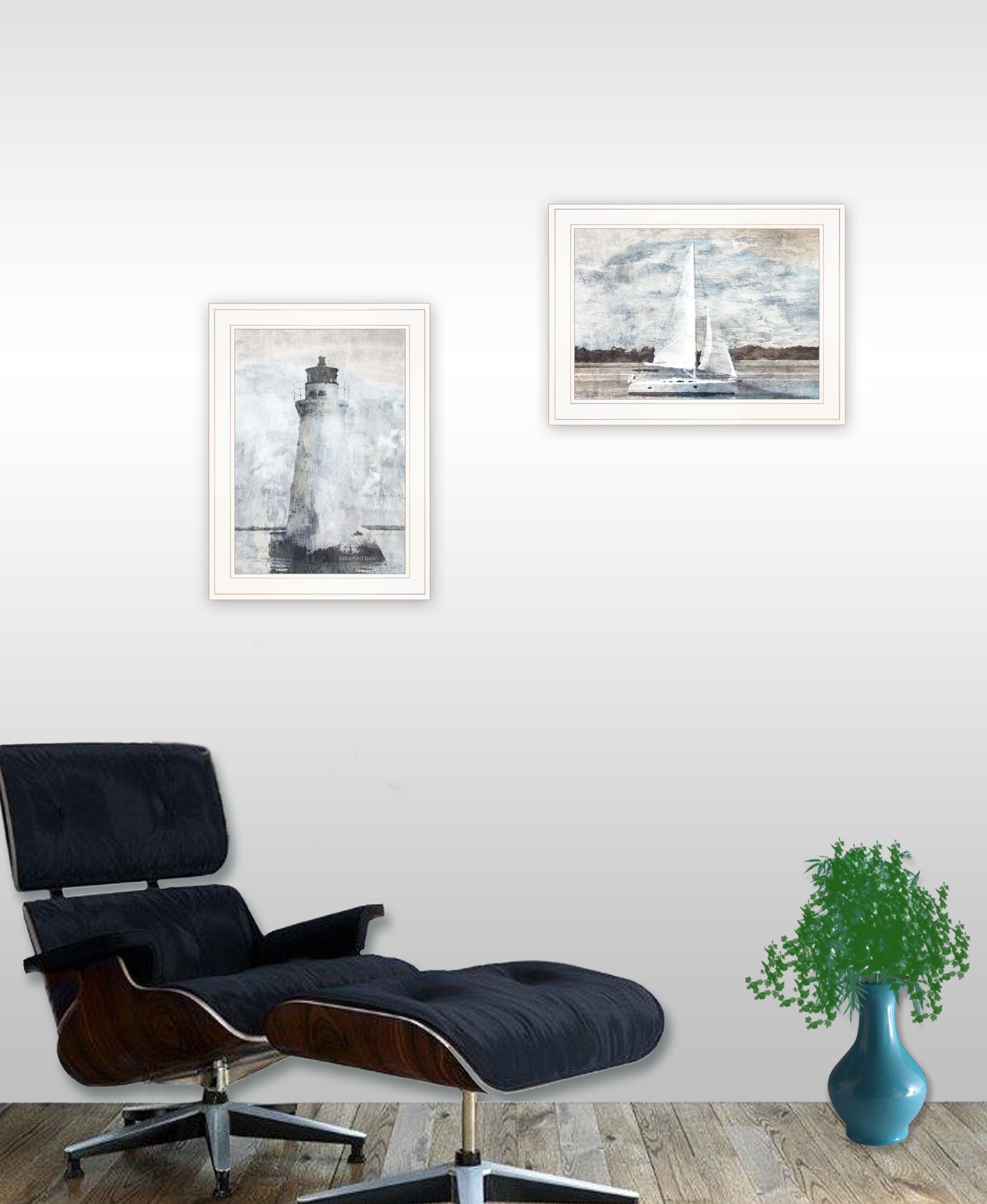 Set Of Two Lighthouse Sailboat White Framed Print Wall Art