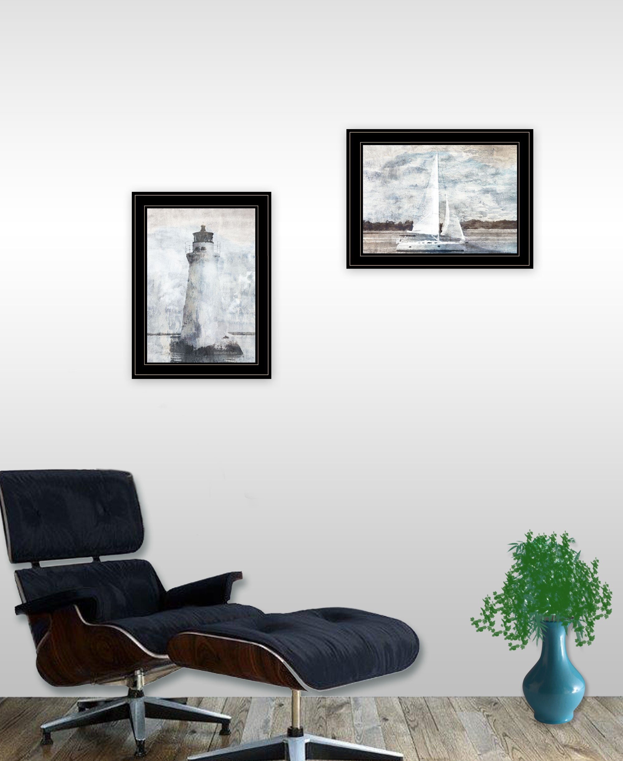 Set Of Two Lighthouse Sailboat Black Framed Print Wall Art