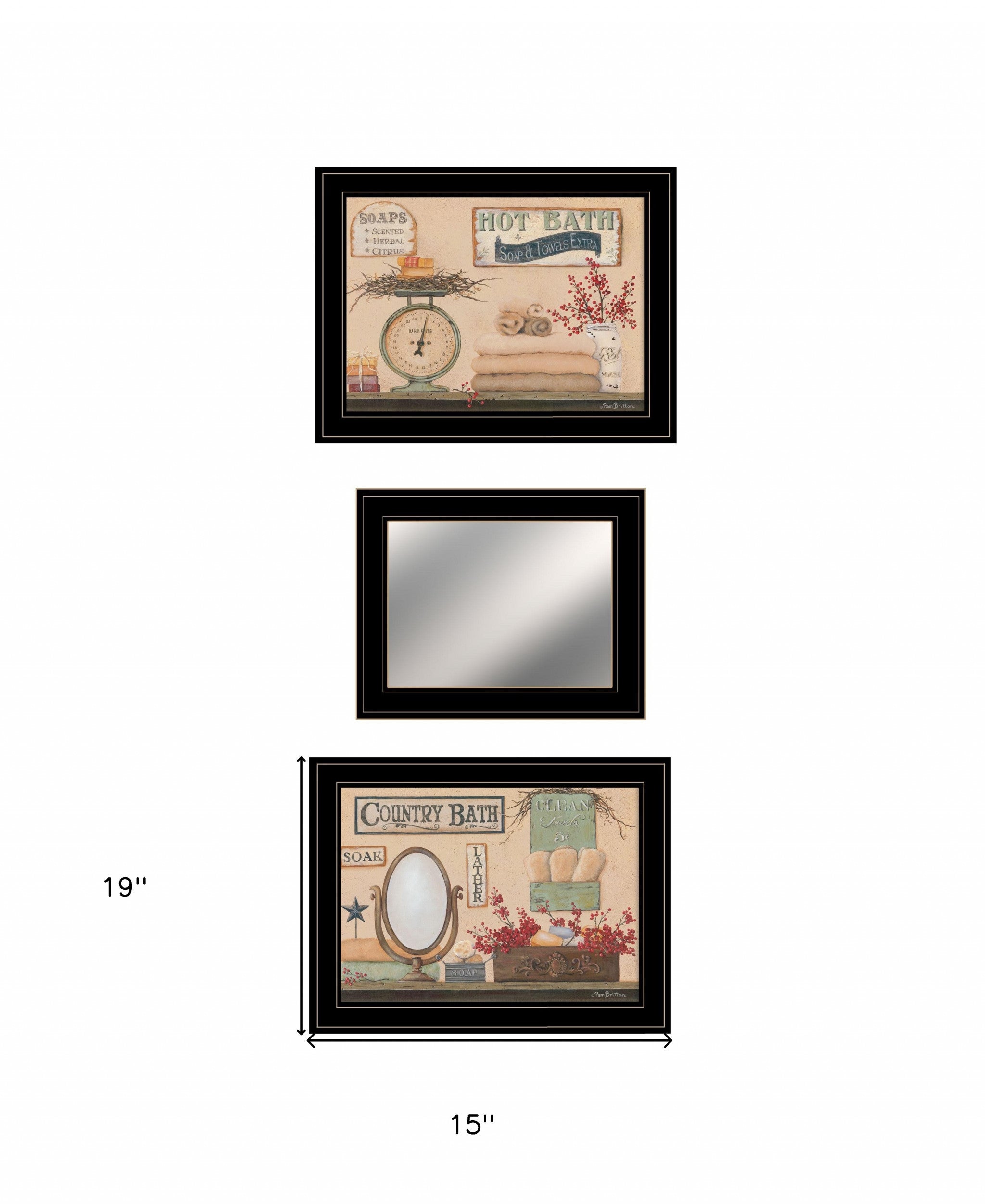 Set Of Three Wash Room Black Rim Frame Bathroom Wall Art with Mirror