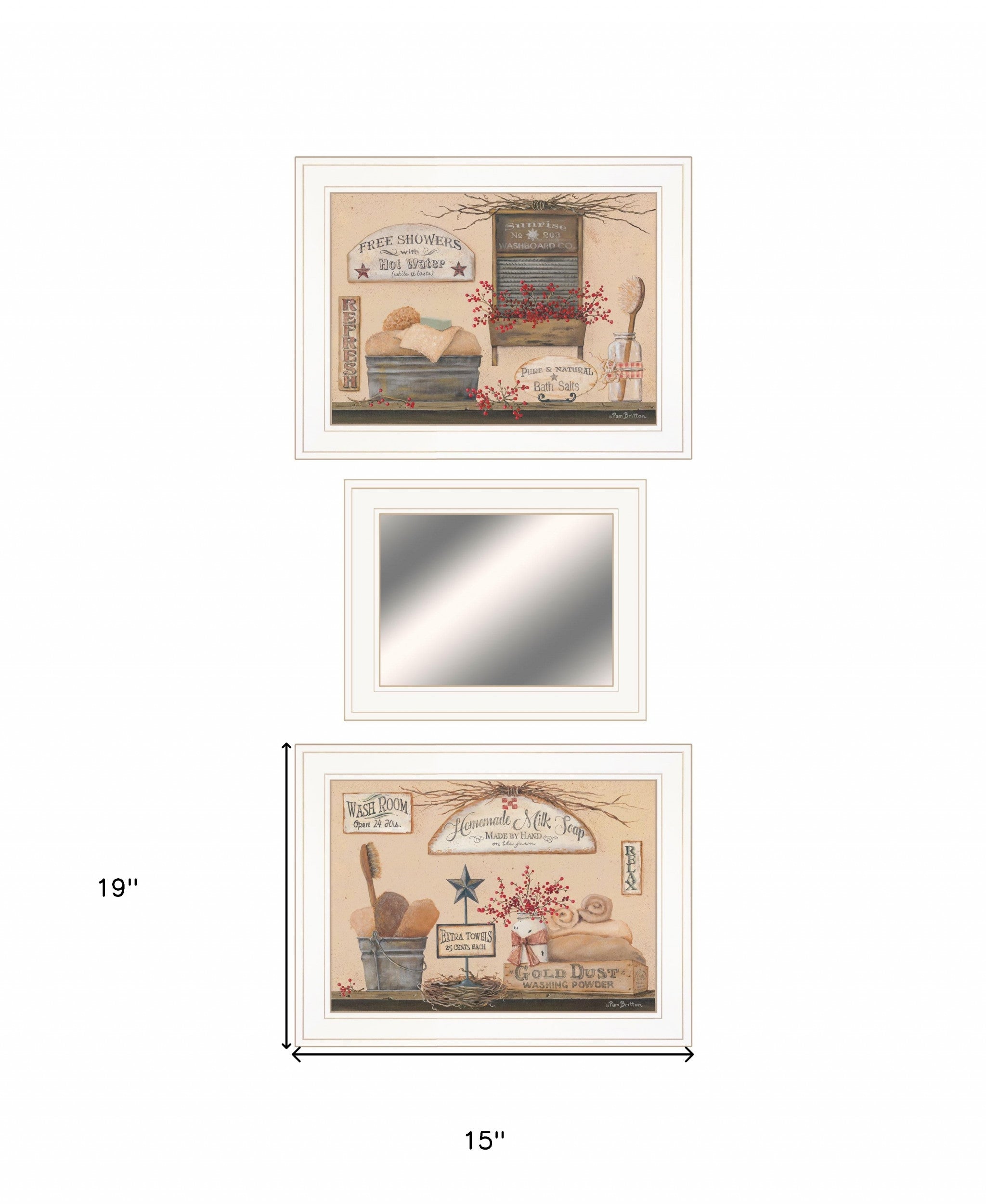 Set Of Three Wash Room White Frame Bathroom Wall Art and Mirror