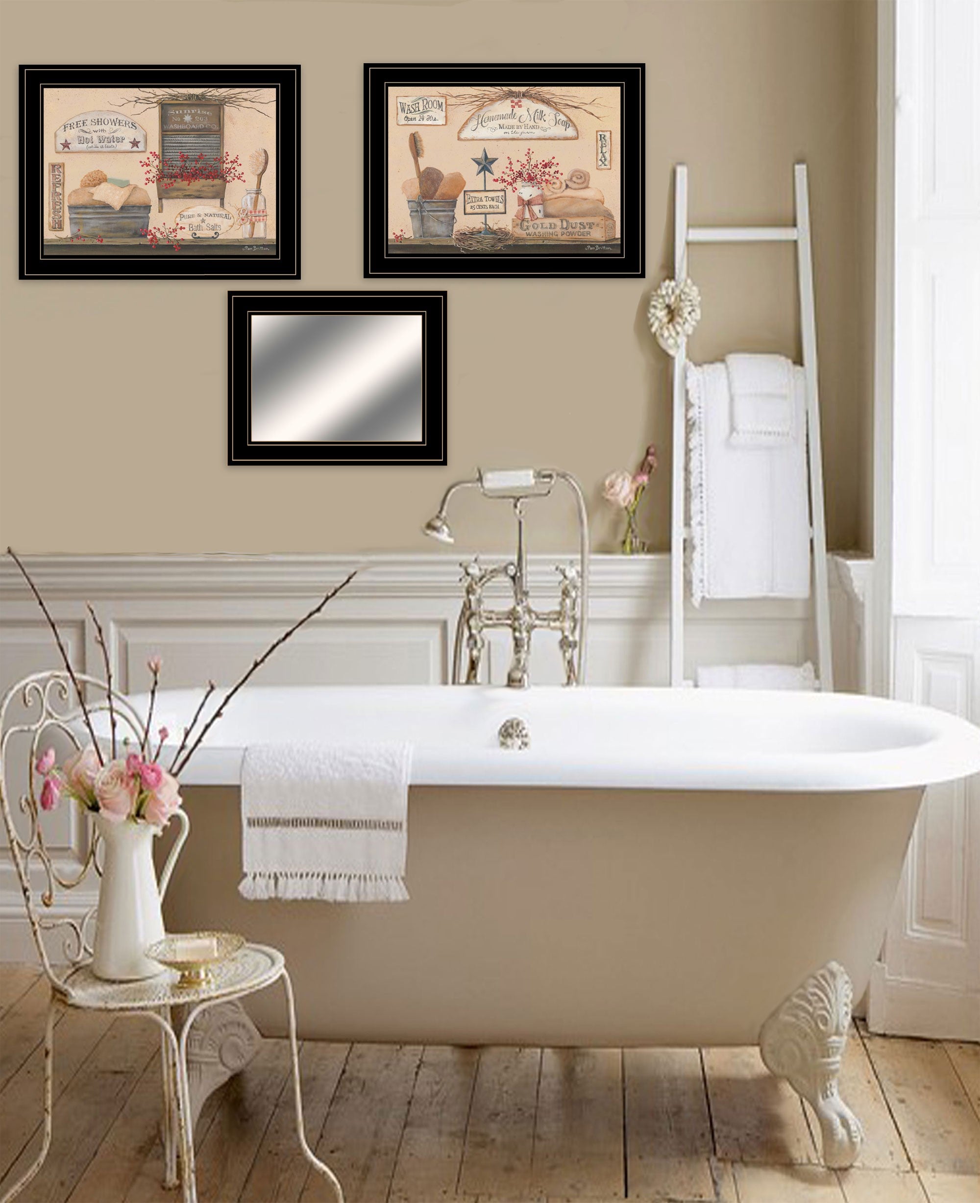 Set Of Three Wash Room Black Framed Print Wall Art with Mirror