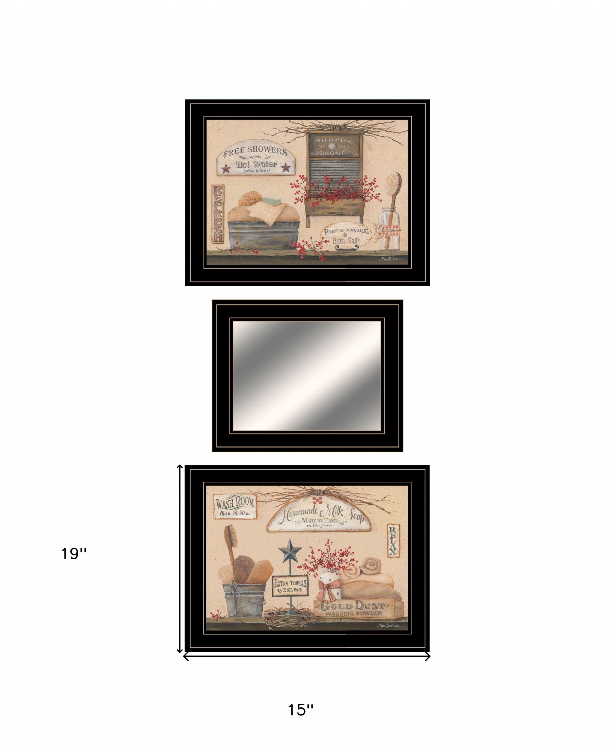 Set Of Three Wash Room Black Framed Print Wall Art with Mirror