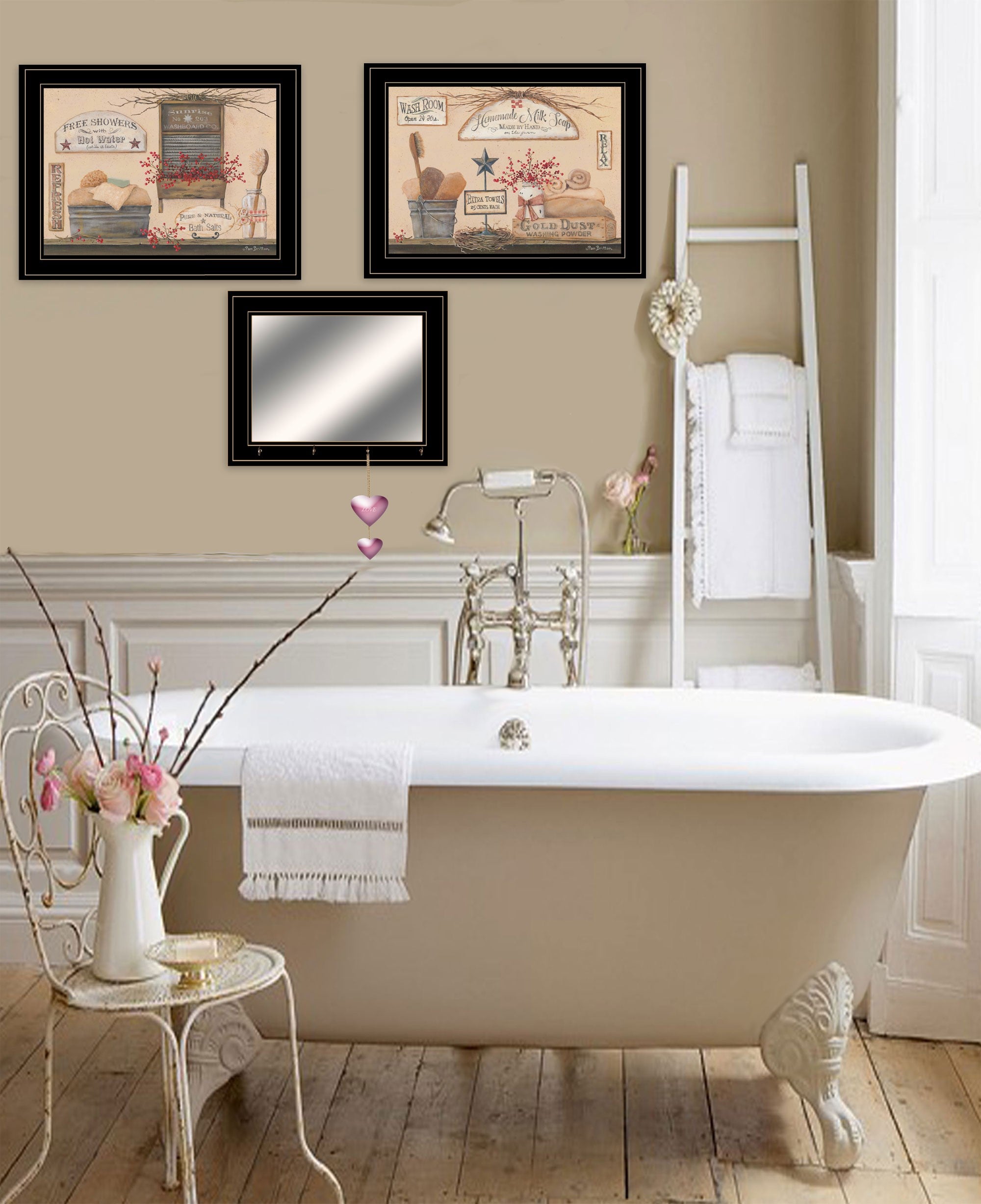 Set Of Three Wash Room Black Two Rim Frame Bathroom Wall Art