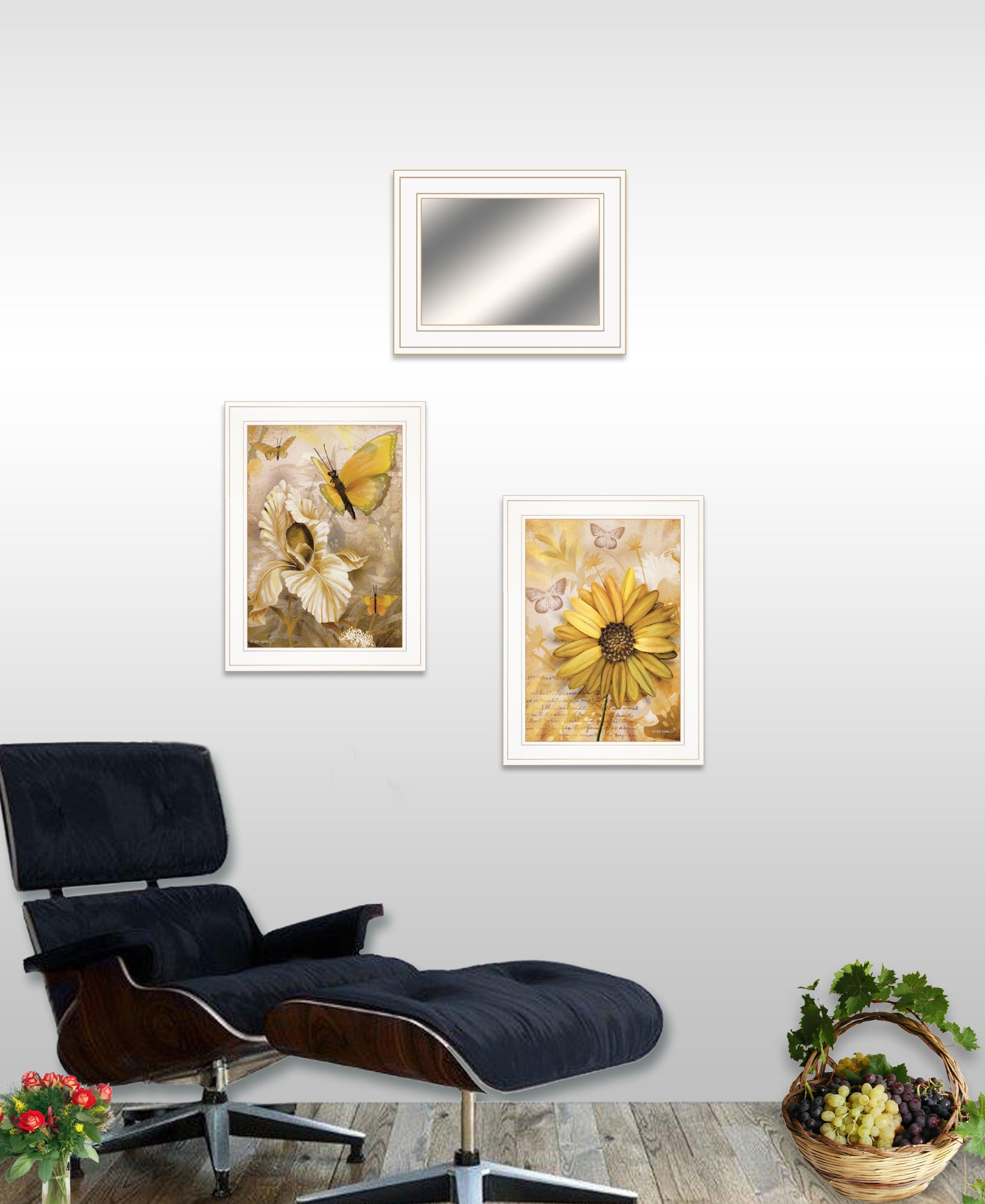 Set Of Three Yellow Butterflies White Framed Print Wall Art with Mirror