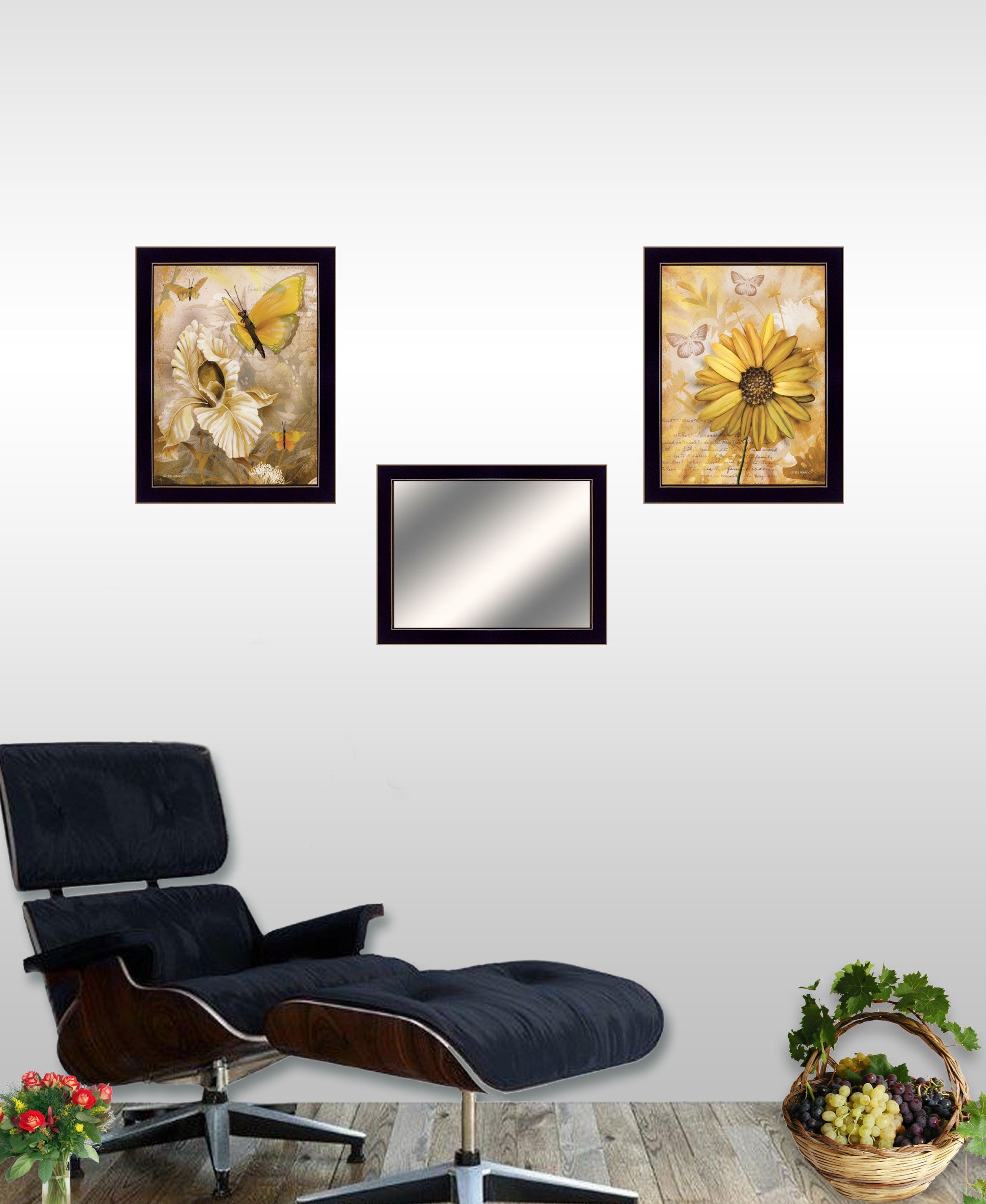 Set Of Three Yellow Butterflies 3 Black Framed Print Wall Art with Mirror