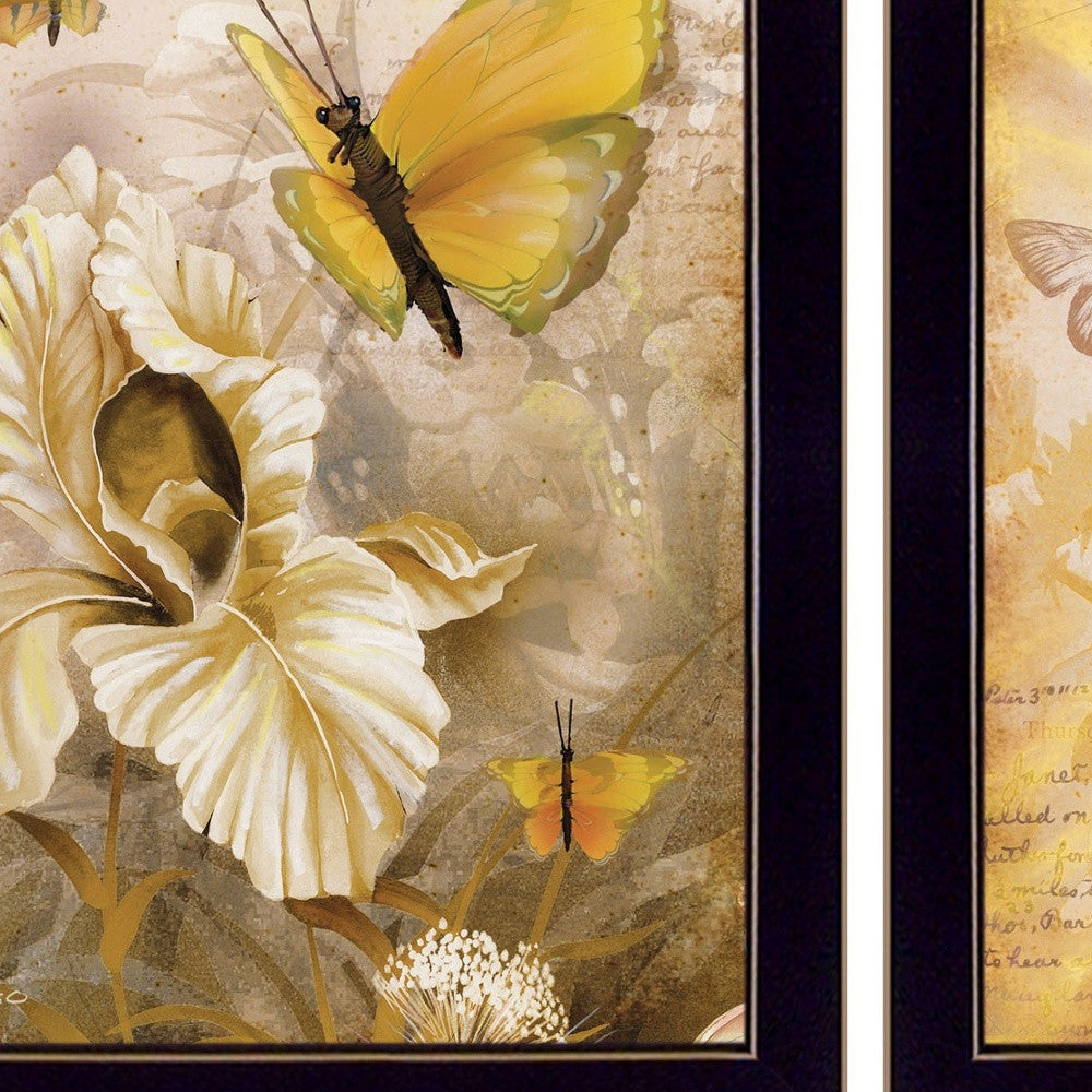 Set Of Three Yellow Butterflies 3 Black Framed Print Wall Art with Mirror