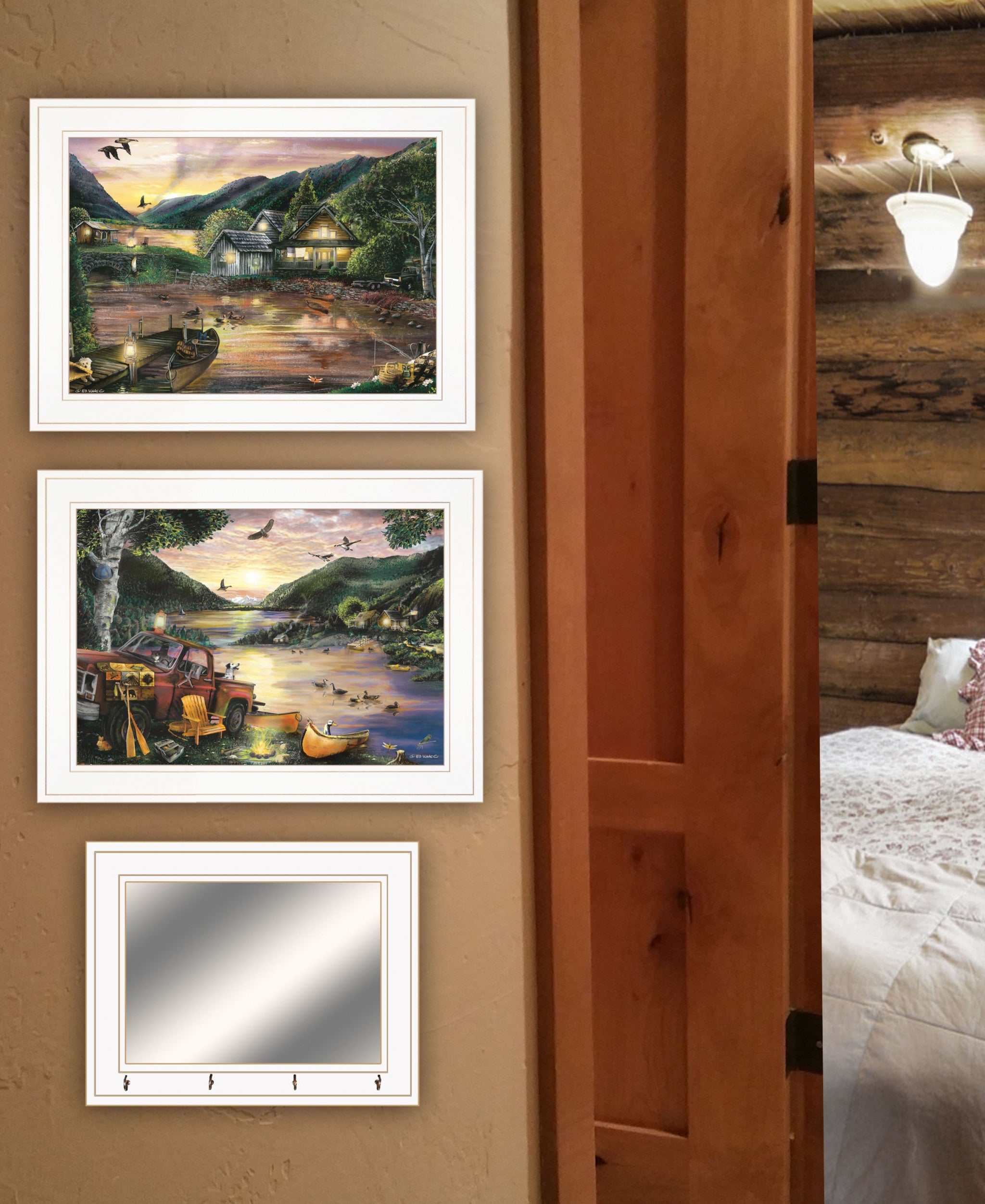 Set Of Three Lakefront Camping 1 White Framed Print Wall Art