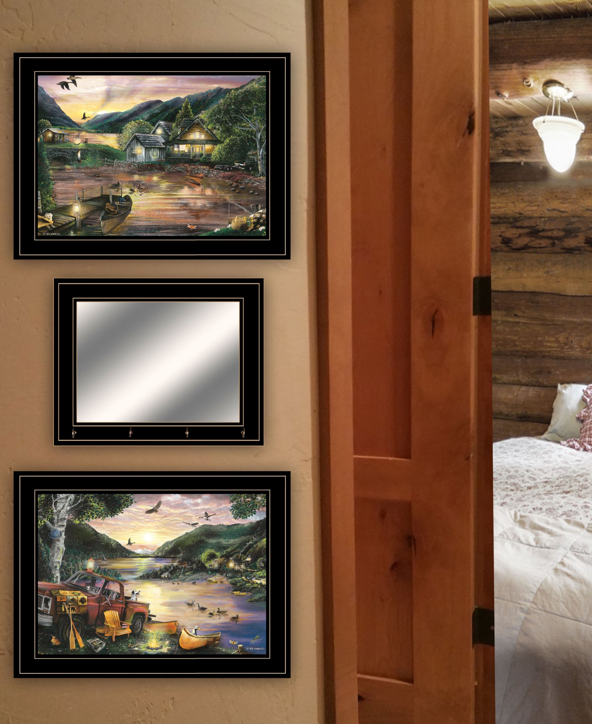 Set Of Three Lakefront Camping 2 Black Framed Print Wall Art with Mirror