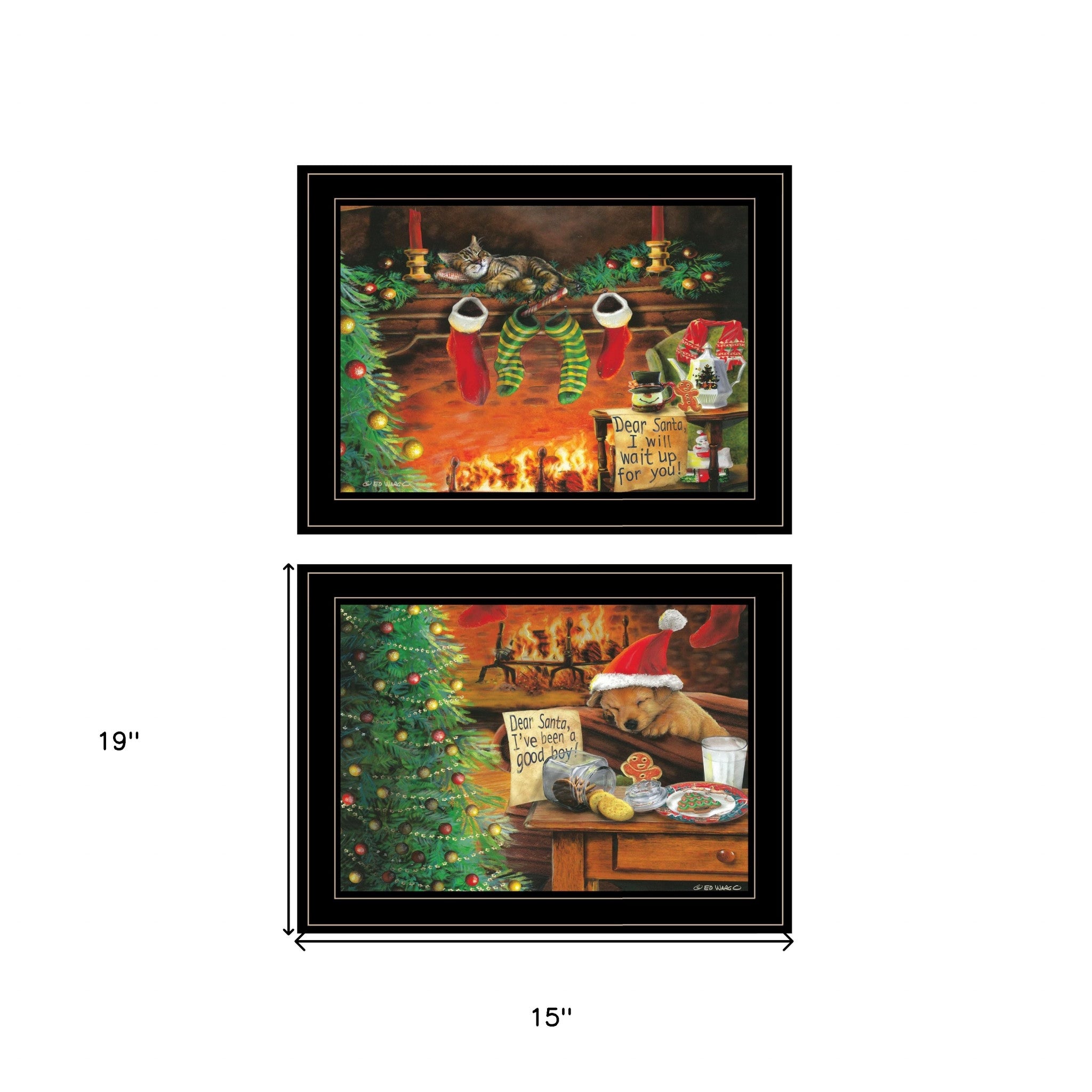 Set Of Two Christmas Cat and Dog Black Framed Print Wall Art