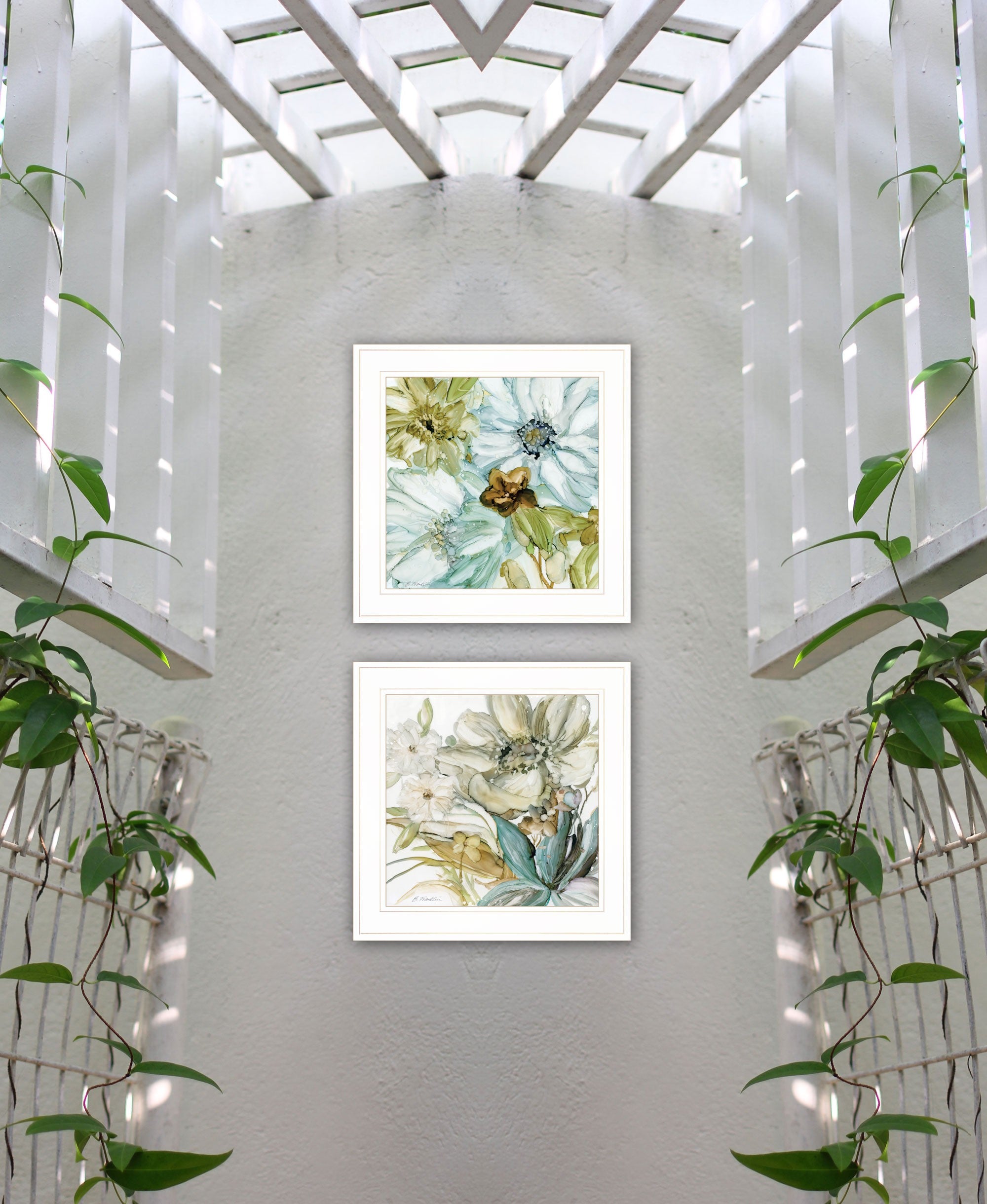 Set Of Two Sea Glass Palette Floral White Framed Print Wall Art