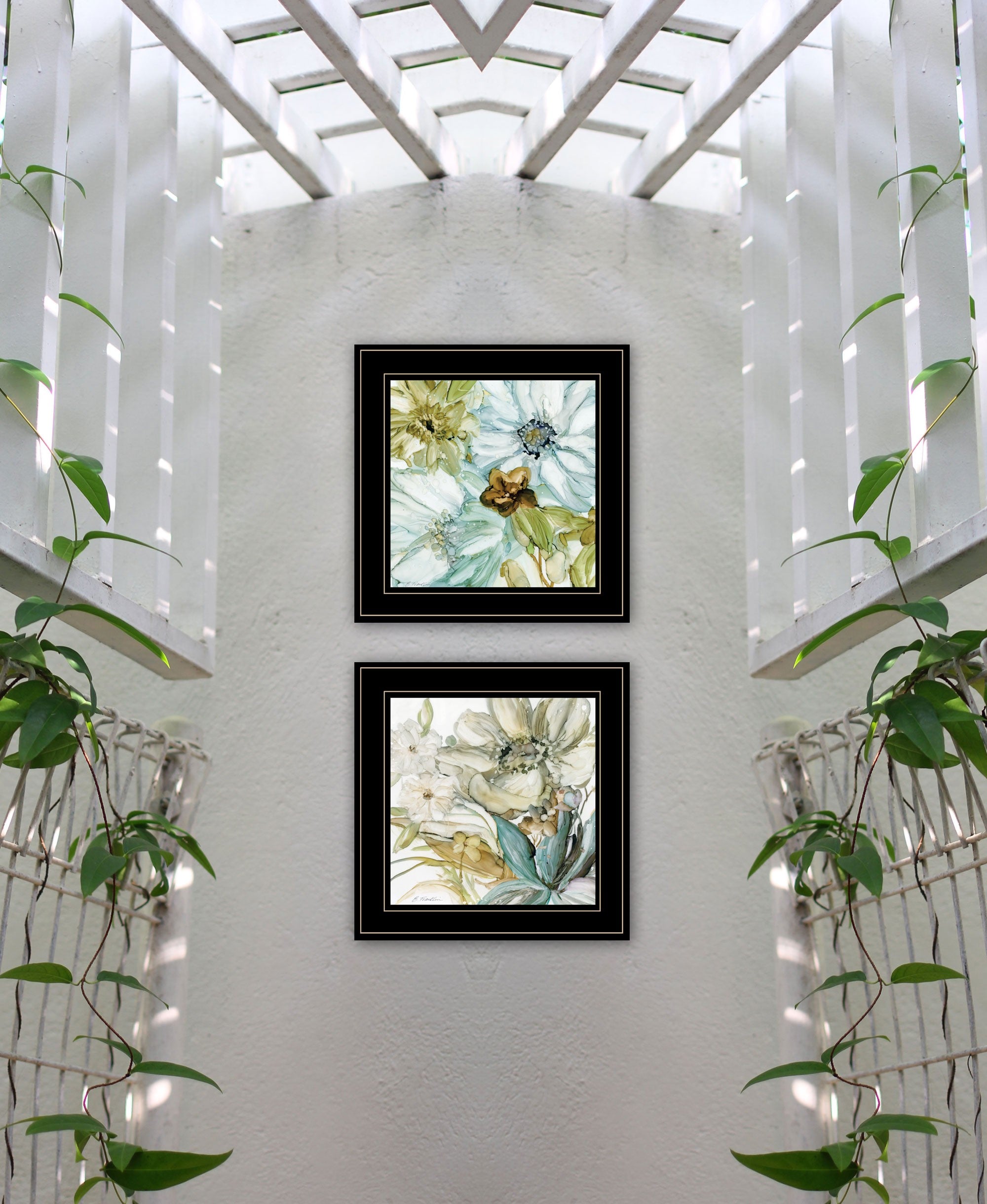 Set Of Two Sea Glass Palette Floral Black Framed Print Wall Art