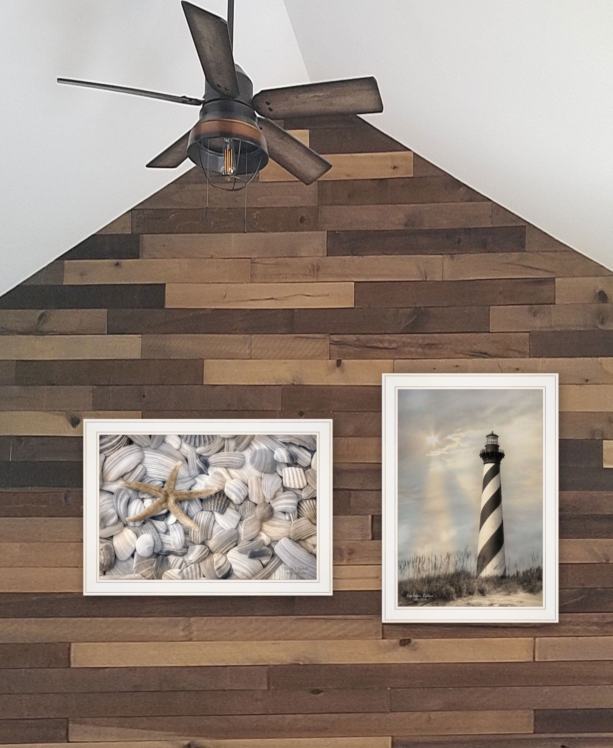 Set Of Two Cape Hatteras Lighthouse And Sea Shells 3 White Framed Print Wall Art