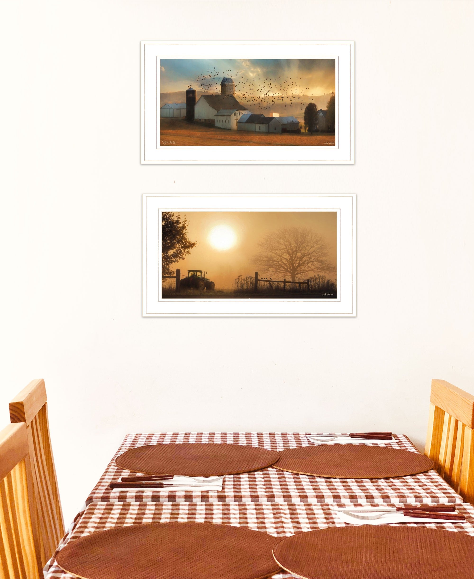 Set Of Two Farm Country Sunrise White Framed Print Wall Art