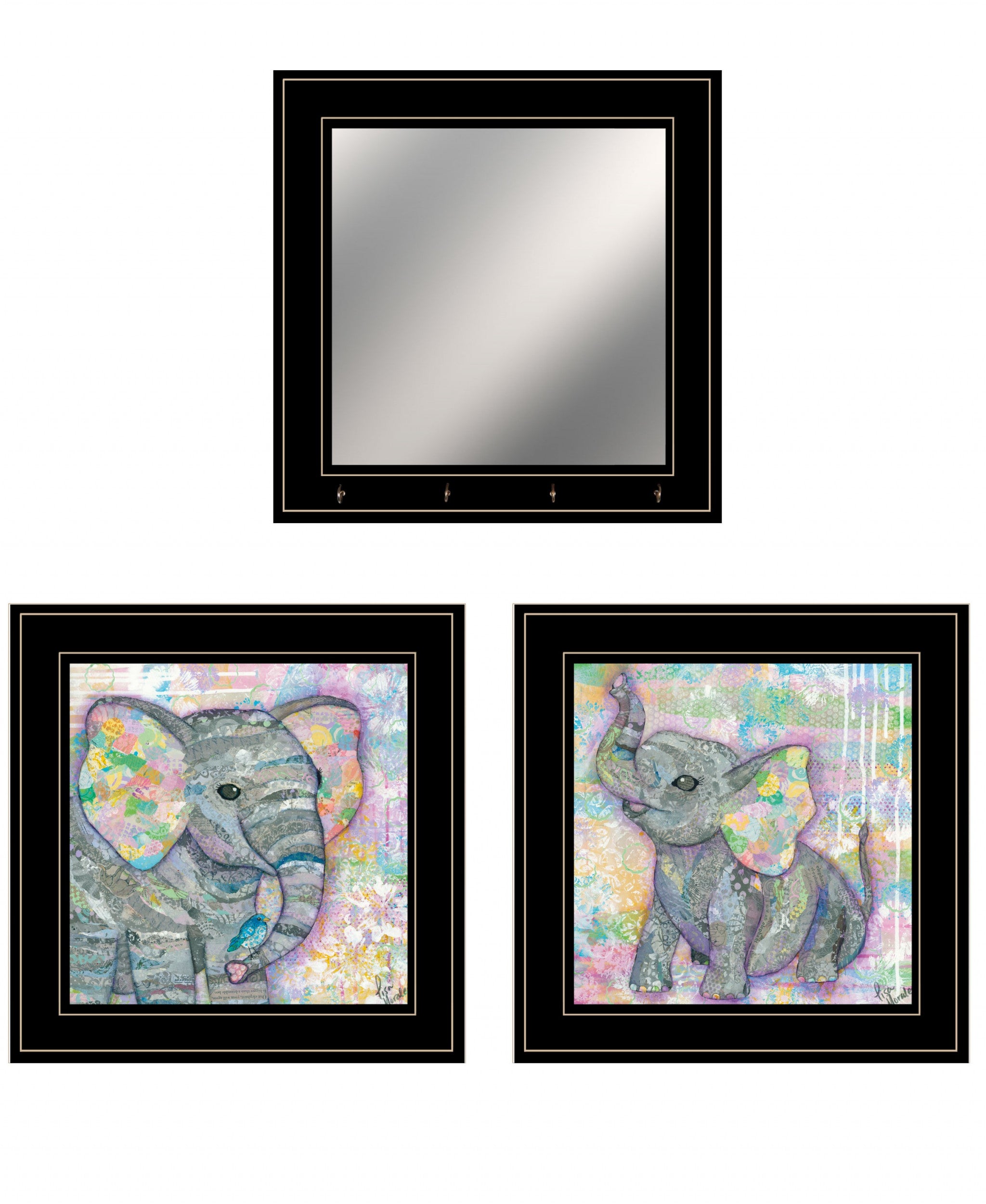 Set Of Three Whimsical Pastel Elephant  Black Framed Print Wall Art with Mirror