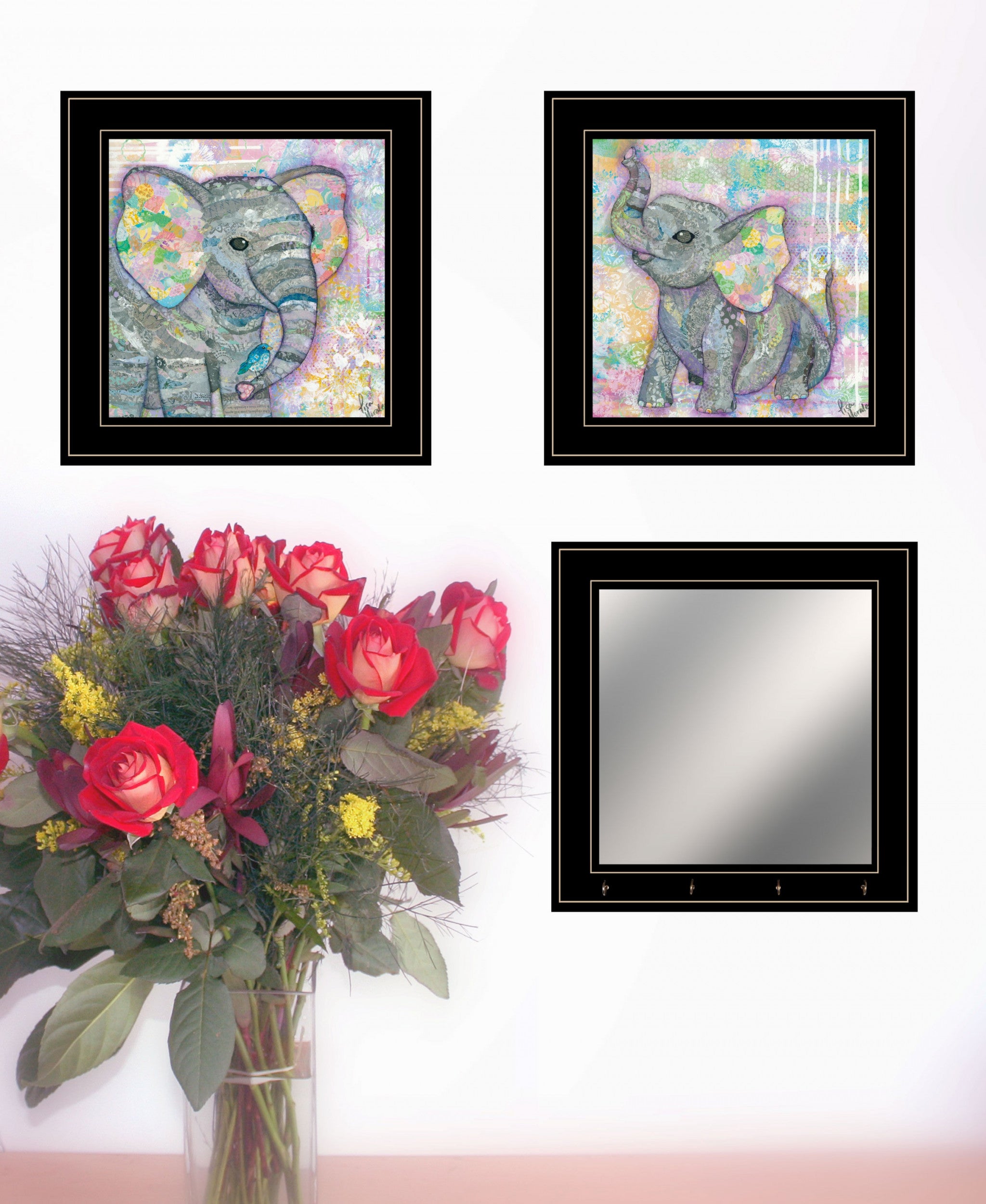 Set Of Three Whimsical Pastel Elephant  Black Framed Print Wall Art with Mirror