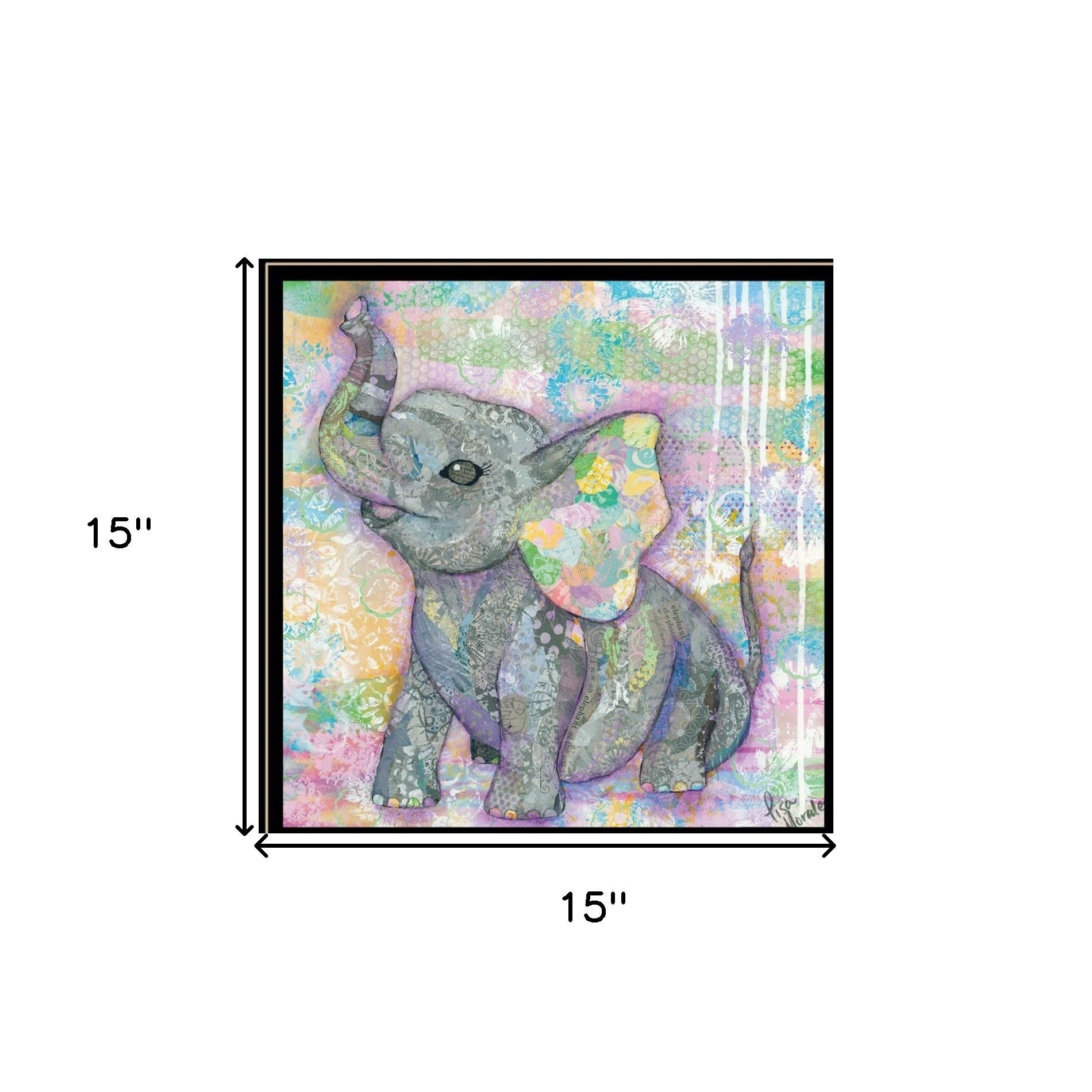 Set Of Three Whimsical Pastel Elephant  Black Framed Print Wall Art with Mirror