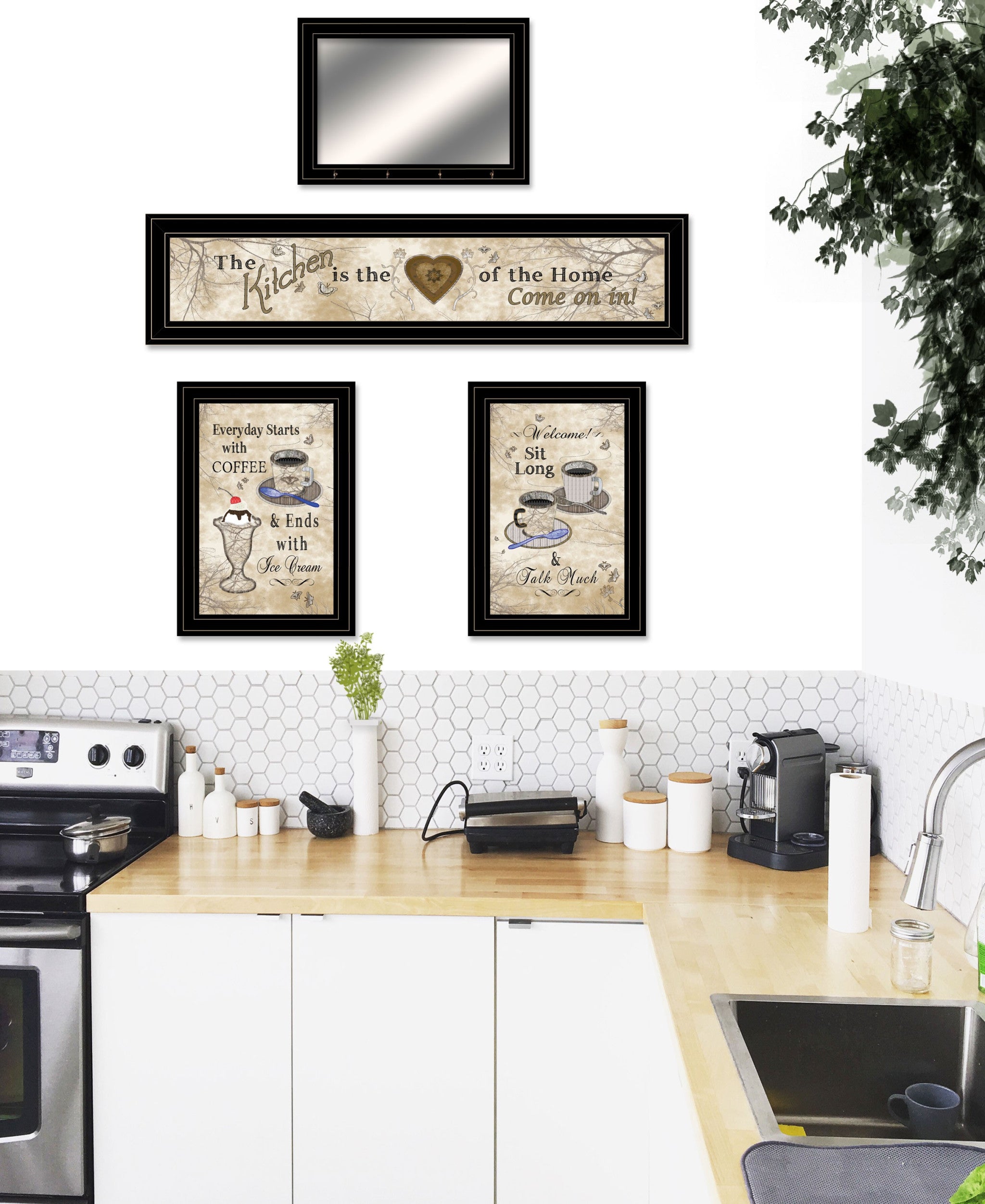 Set Of Four Kitchen Black Framed Print Kitchen Wall Art with Mirror