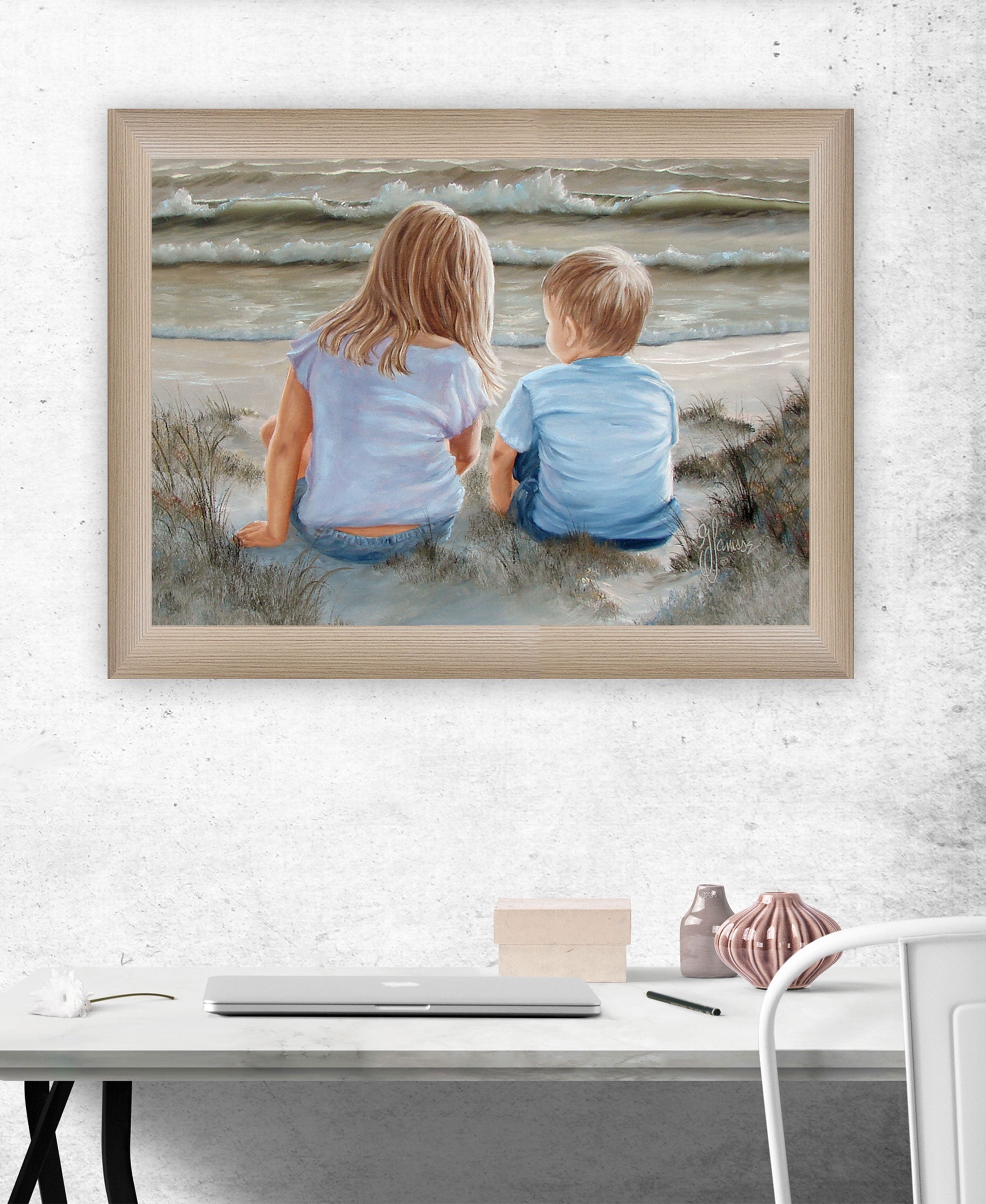 Boy And Girl Sitting In Dunes Brown Framed Print Wall Art