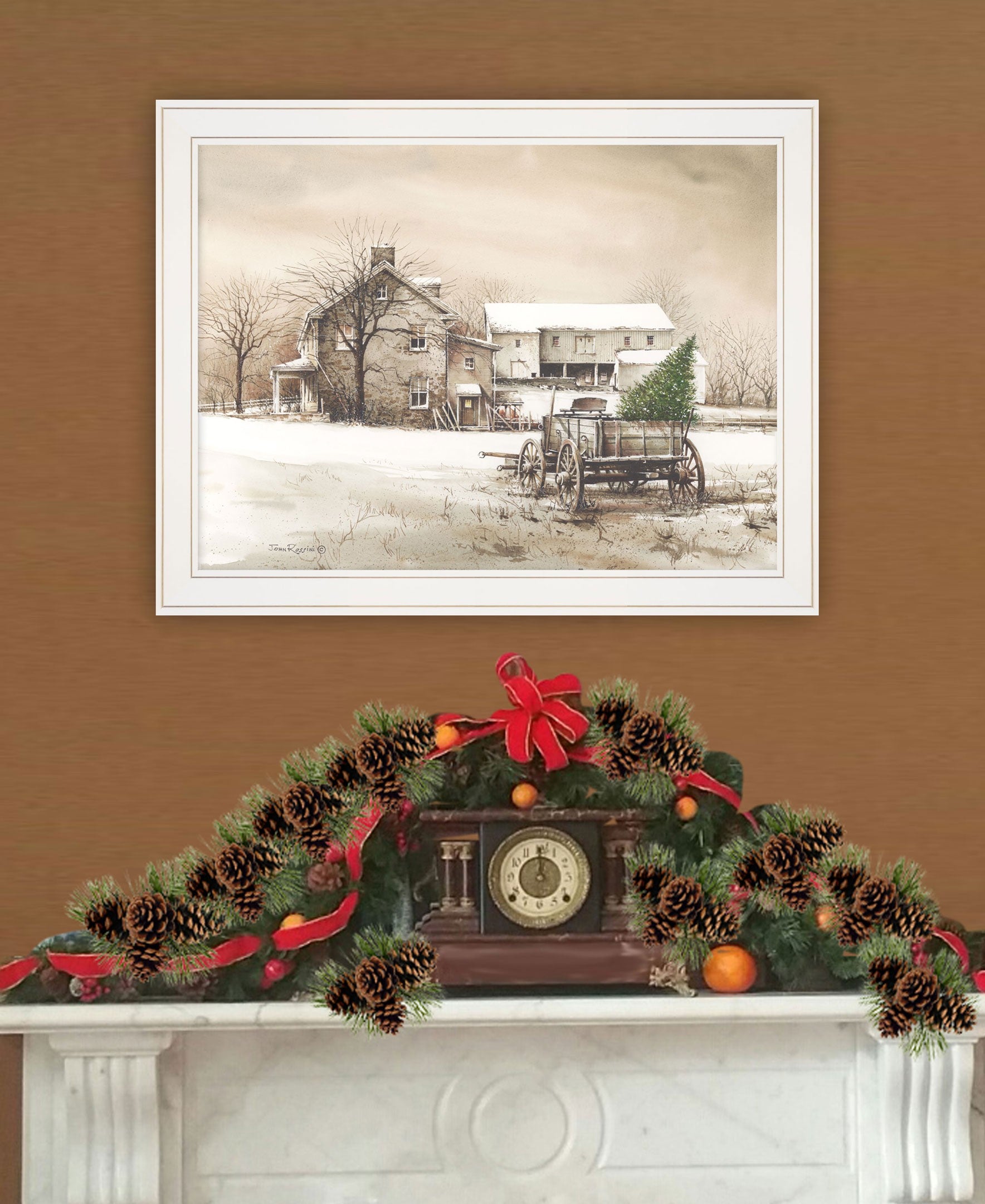 Bringing Home The Tree 2 White Framed Print Wall Art