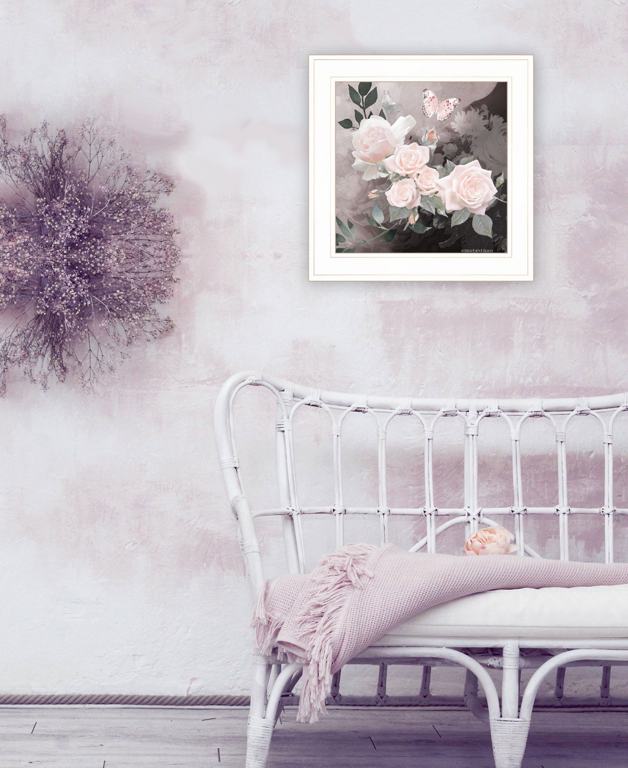 Pink Roses and Butterfly White Framed Print Wall Art