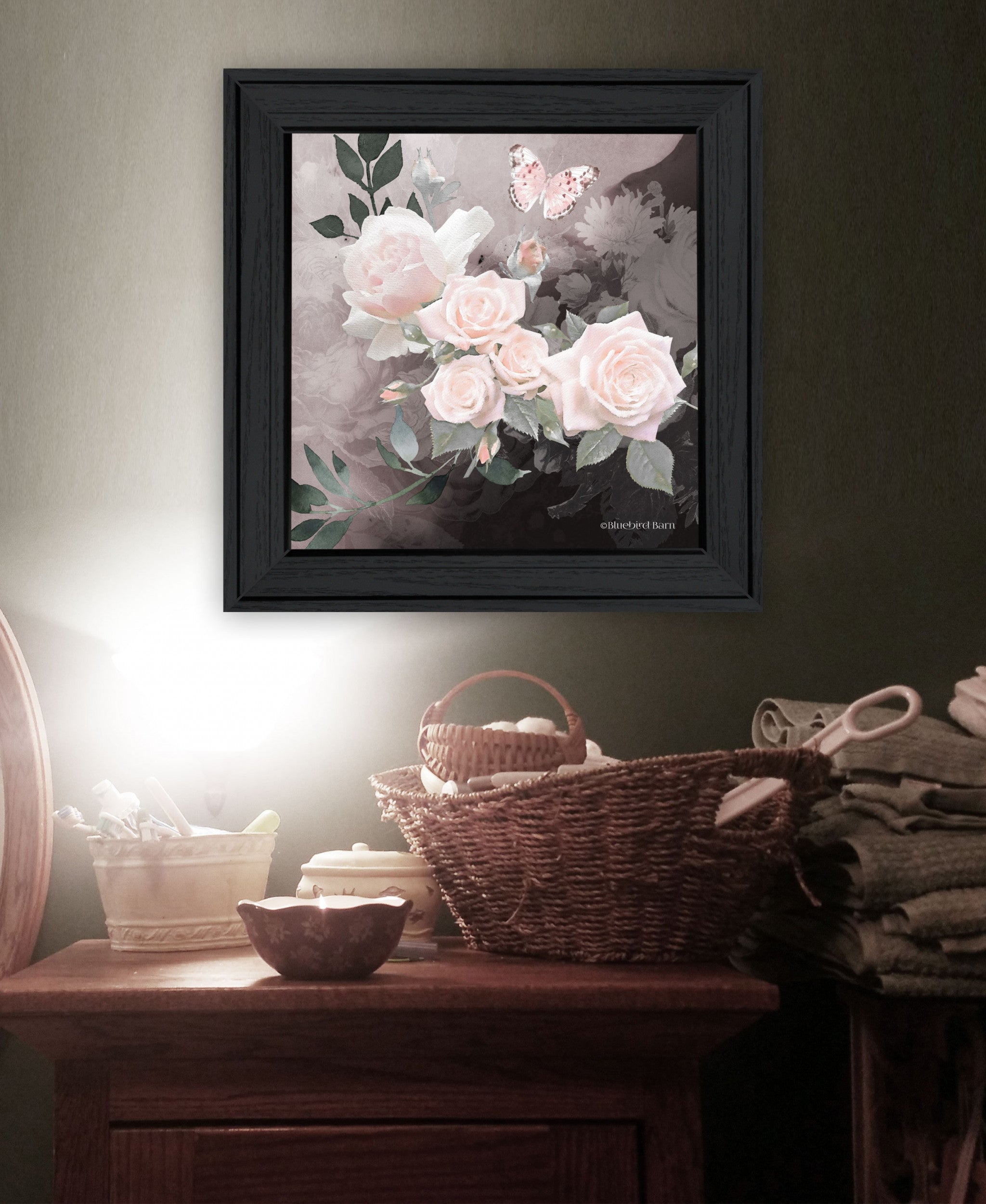 Pink Roses and Butterfly Black Framed Print Wall Art