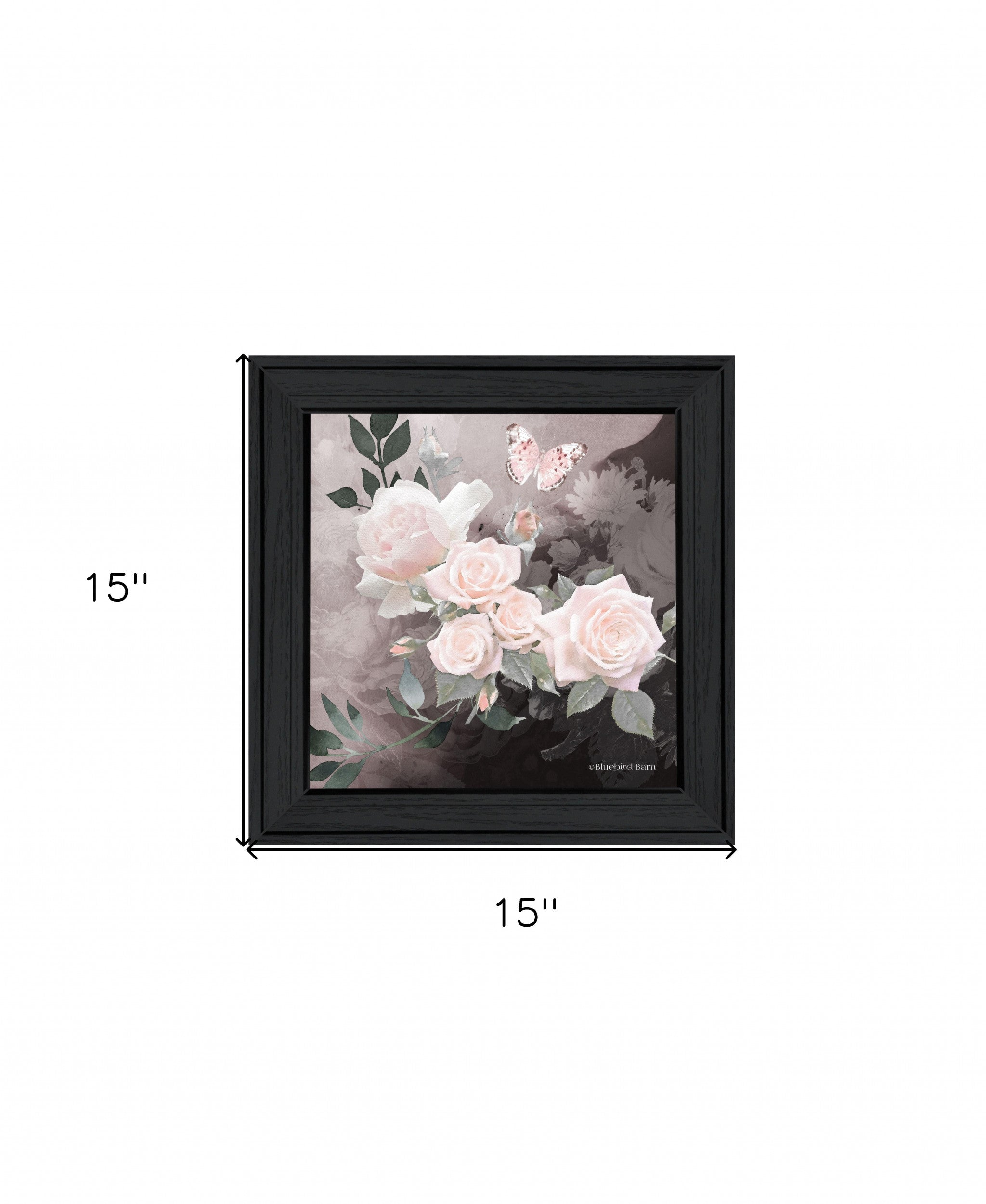 Pink Roses and Butterfly Black Framed Print Wall Art