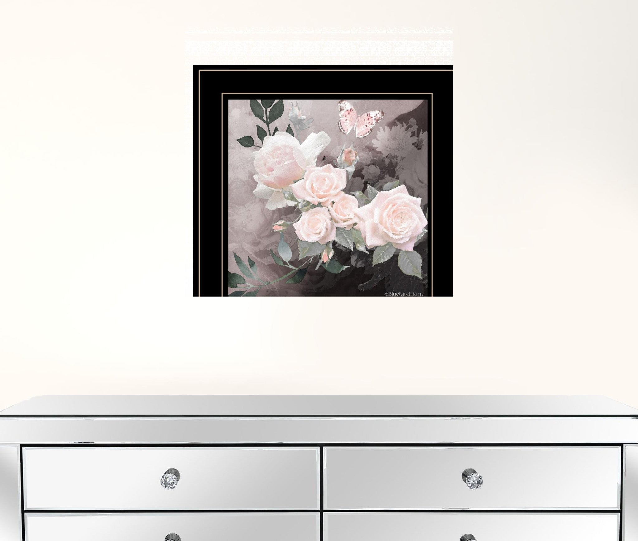 Pink Roses and Butterfly Black Double Rim Framed Print Wall Art