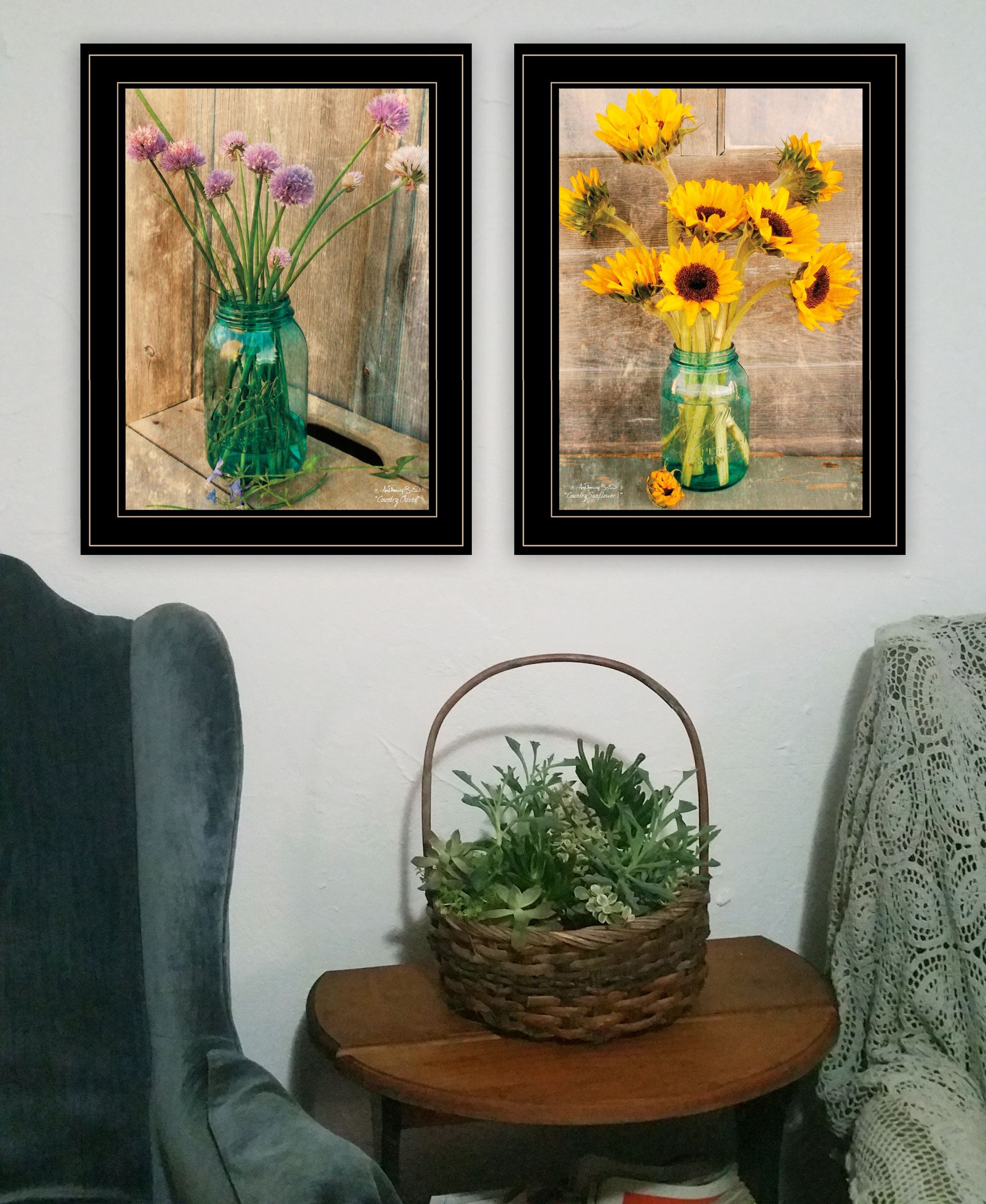 Set Of Two Country Sunflowers And Chives 2 Black Framed Print Wall Art