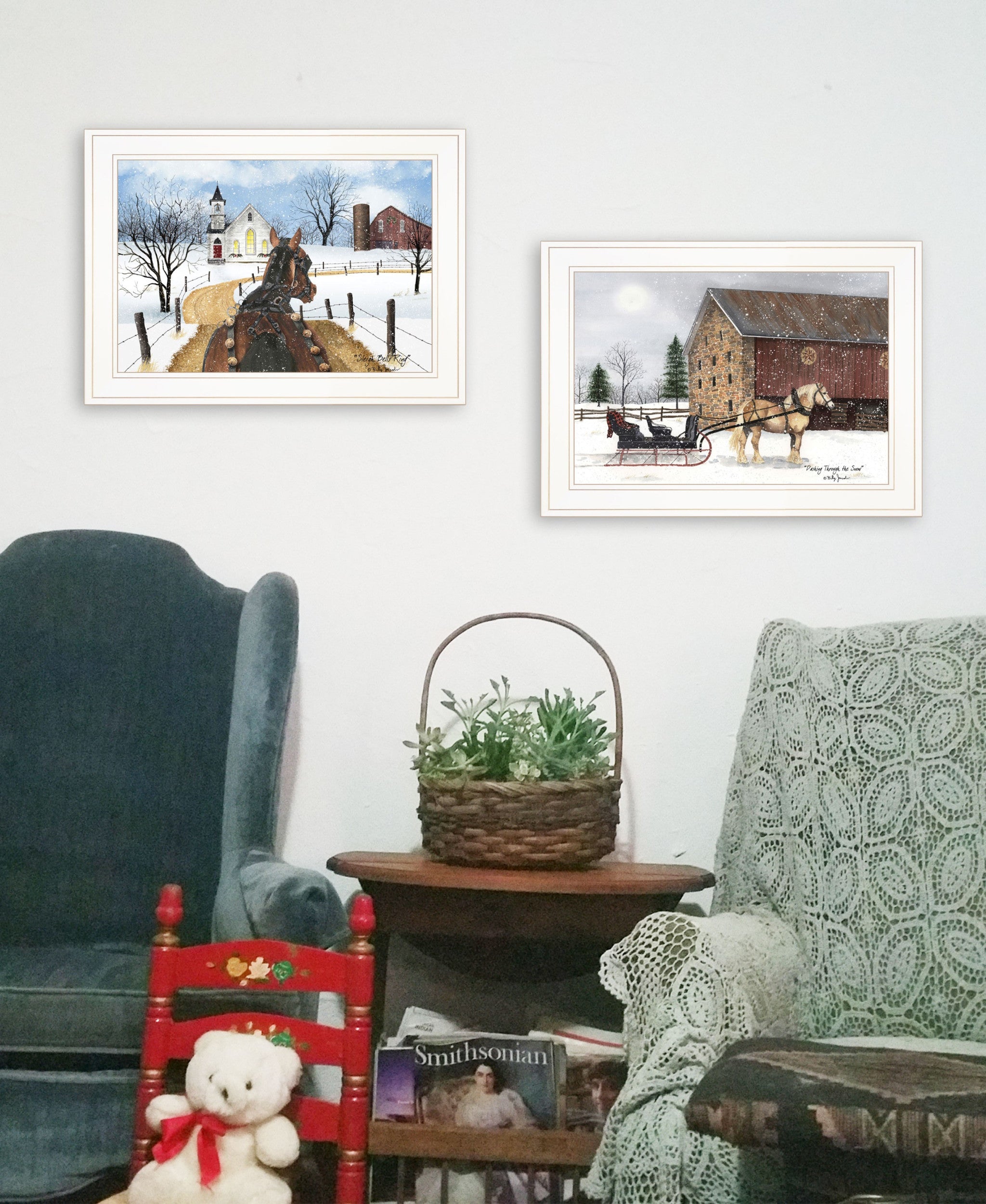 Set Of Two Sleigh Bells Ringing White Framed Print Wall Art