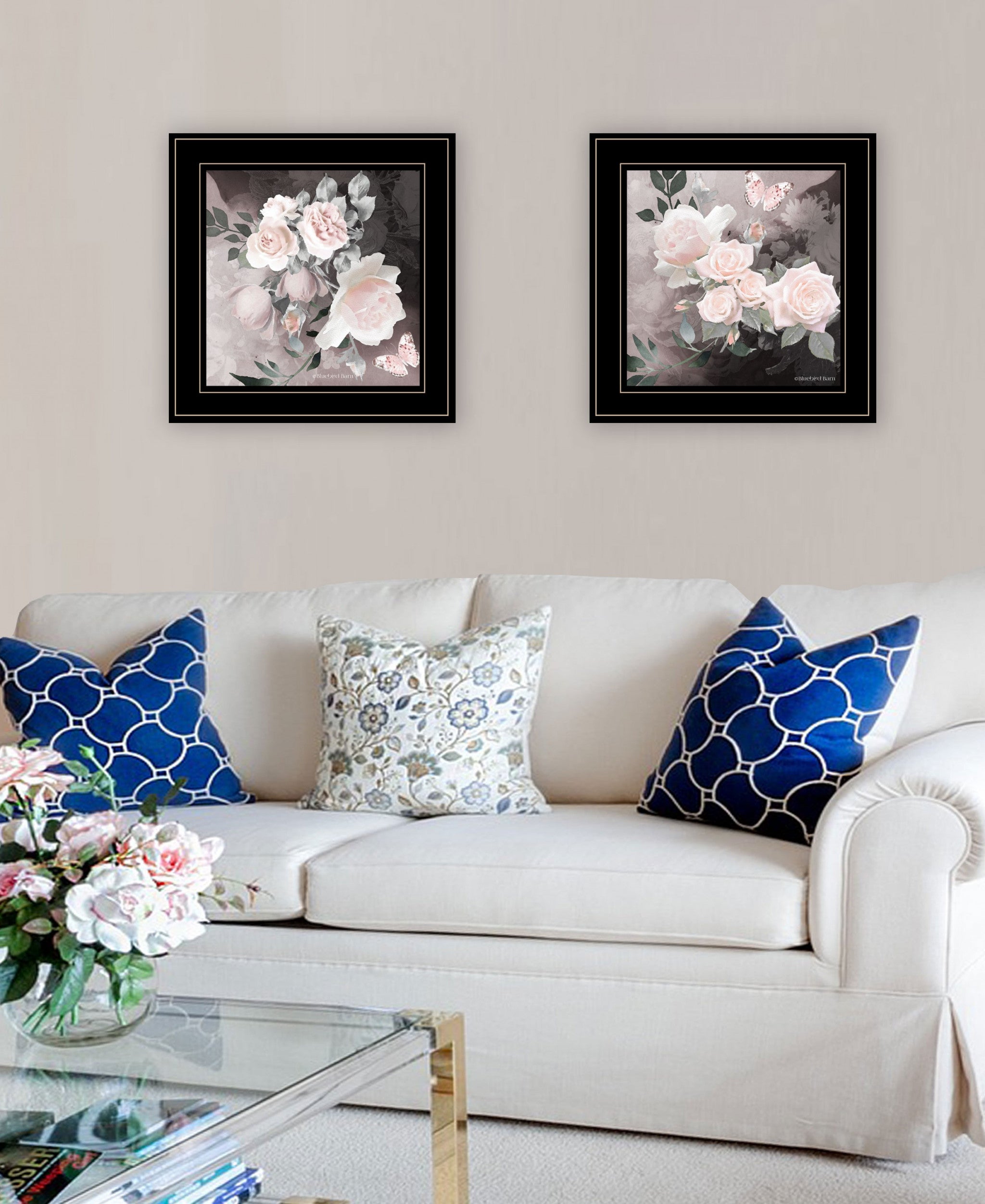 Set of Two Pink Roses and Butterfly Black Framed Print Wall Art