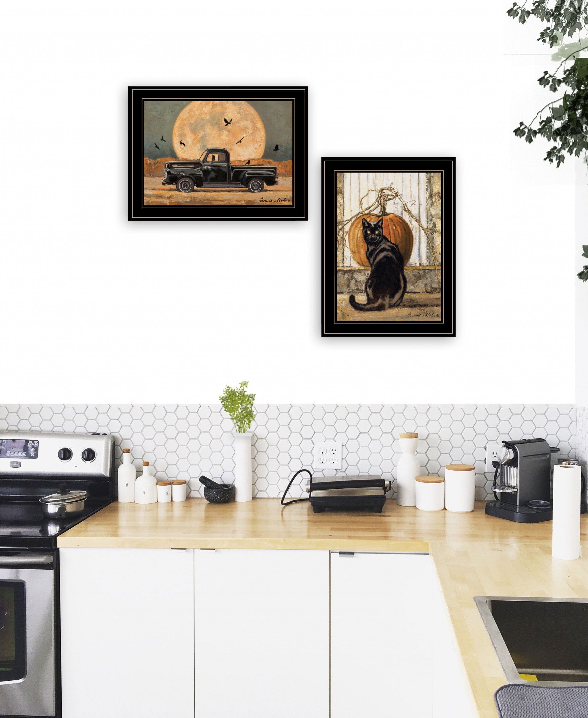 Set Of Two Harvest Moon With A Black Cat And Truck 2 Black Framed Print Wall Art