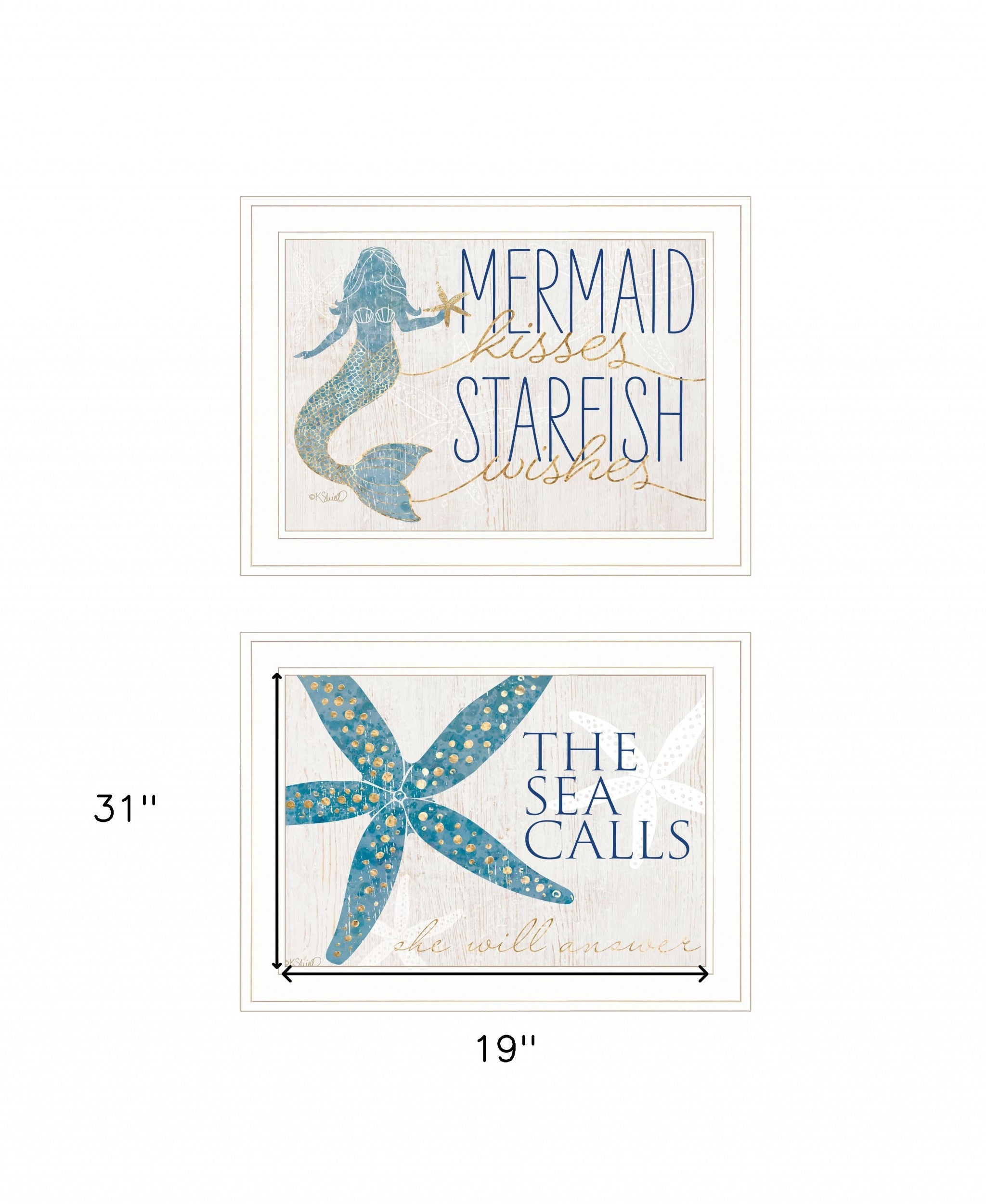 Set Of Two Mermaid Kisses Starfish Wishes 2 White Framed Print Wall Art