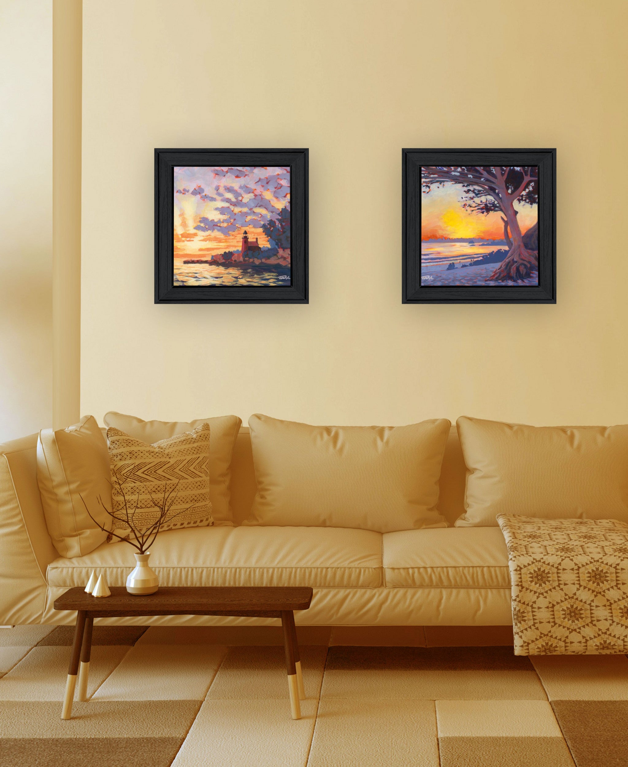 Set Of Two Carmel Beach And Lighthouse 2 Black Framed Print Wall Art