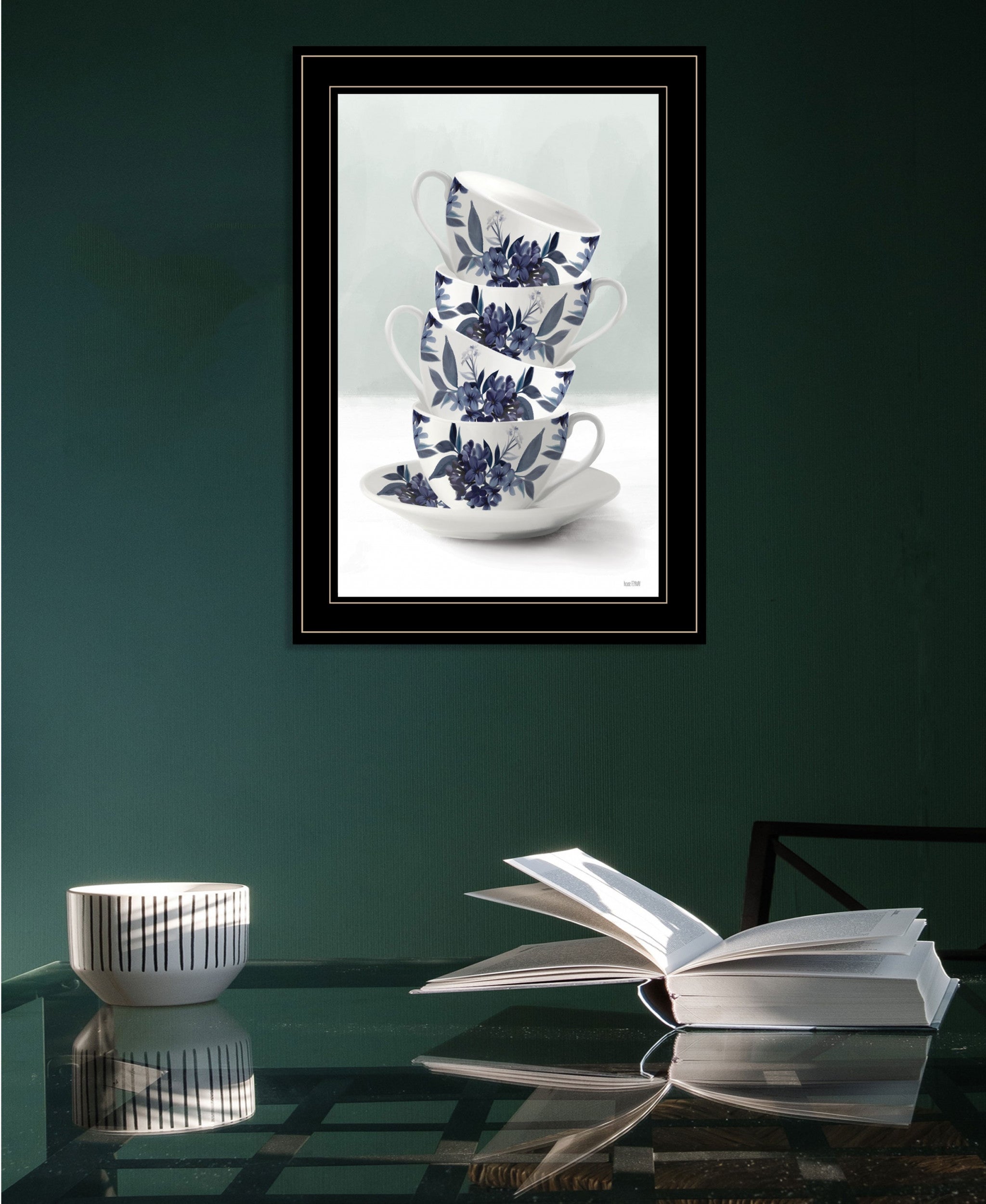 Tea Tower Blue 3 Black Framed Print Wall Art