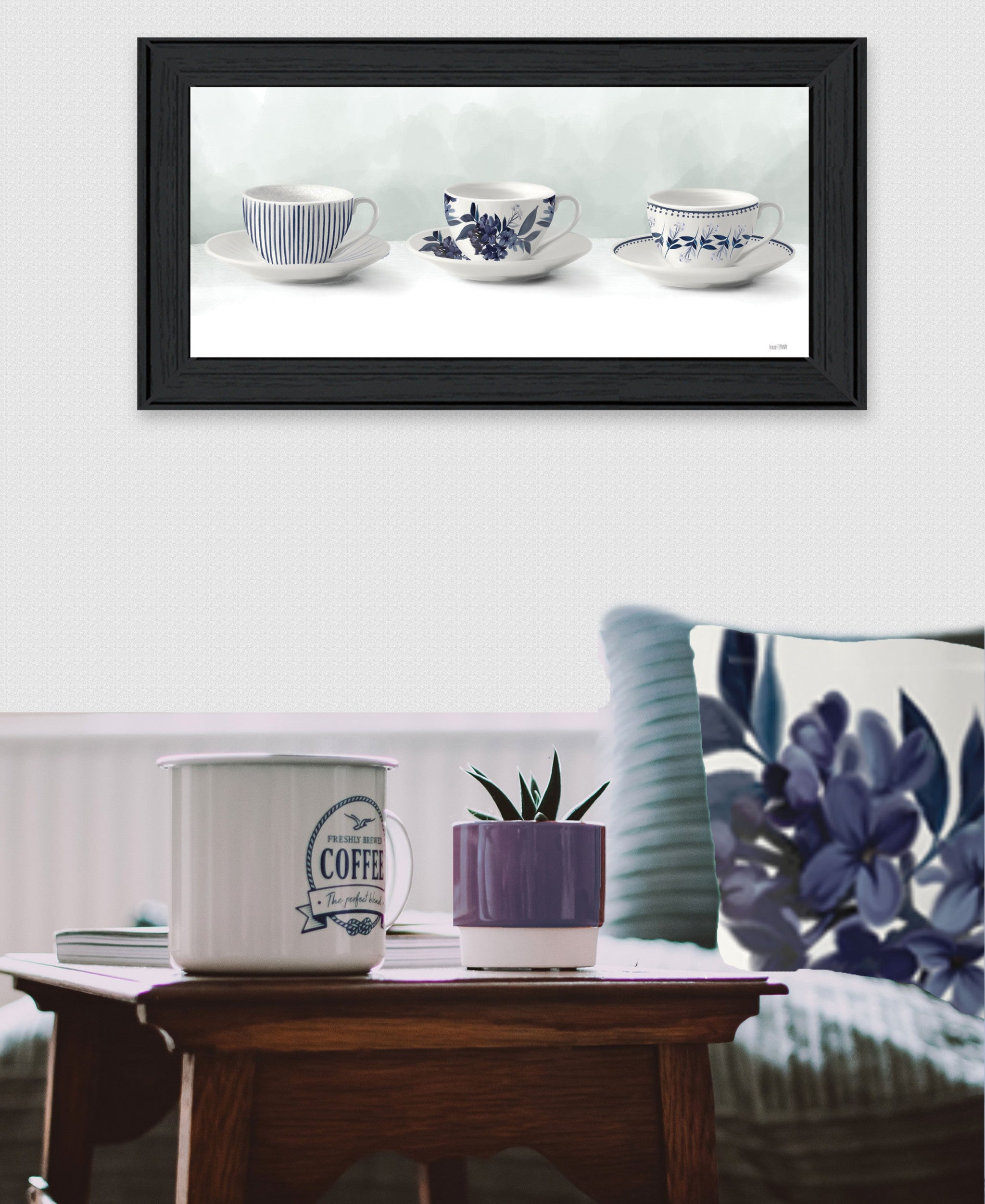 Blue and White Tea Cups And Saucers Black Framed Print Wall Art