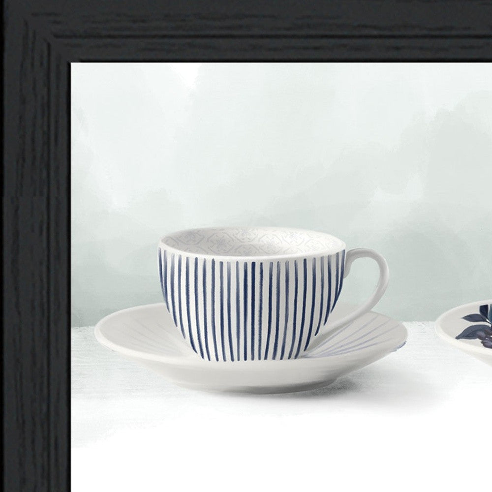 Blue and White Tea Cups And Saucers Black Framed Print Wall Art