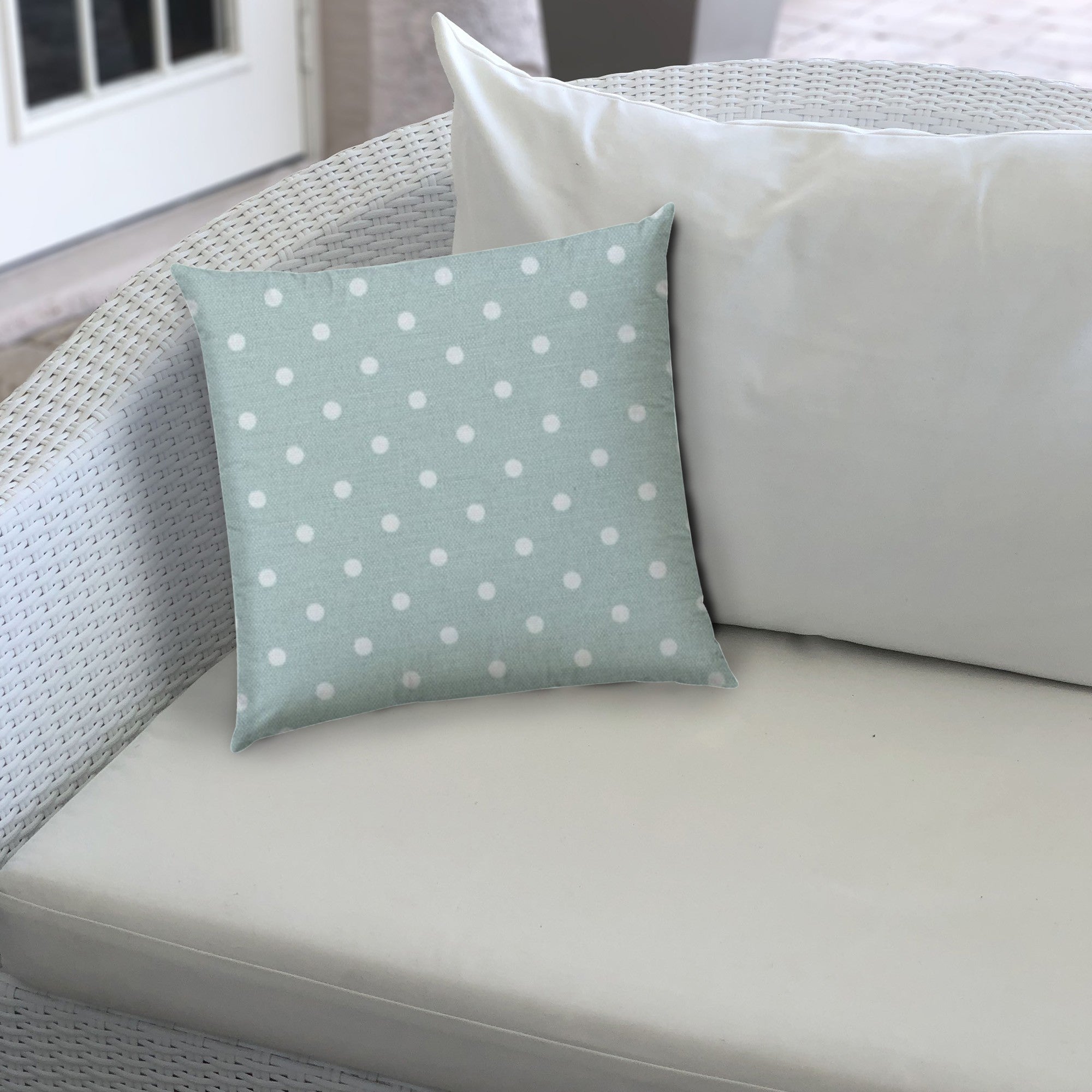 17" X 17" Seafoam And White Blown Seam Polka Dots Lumbar Indoor Outdoor Pillow