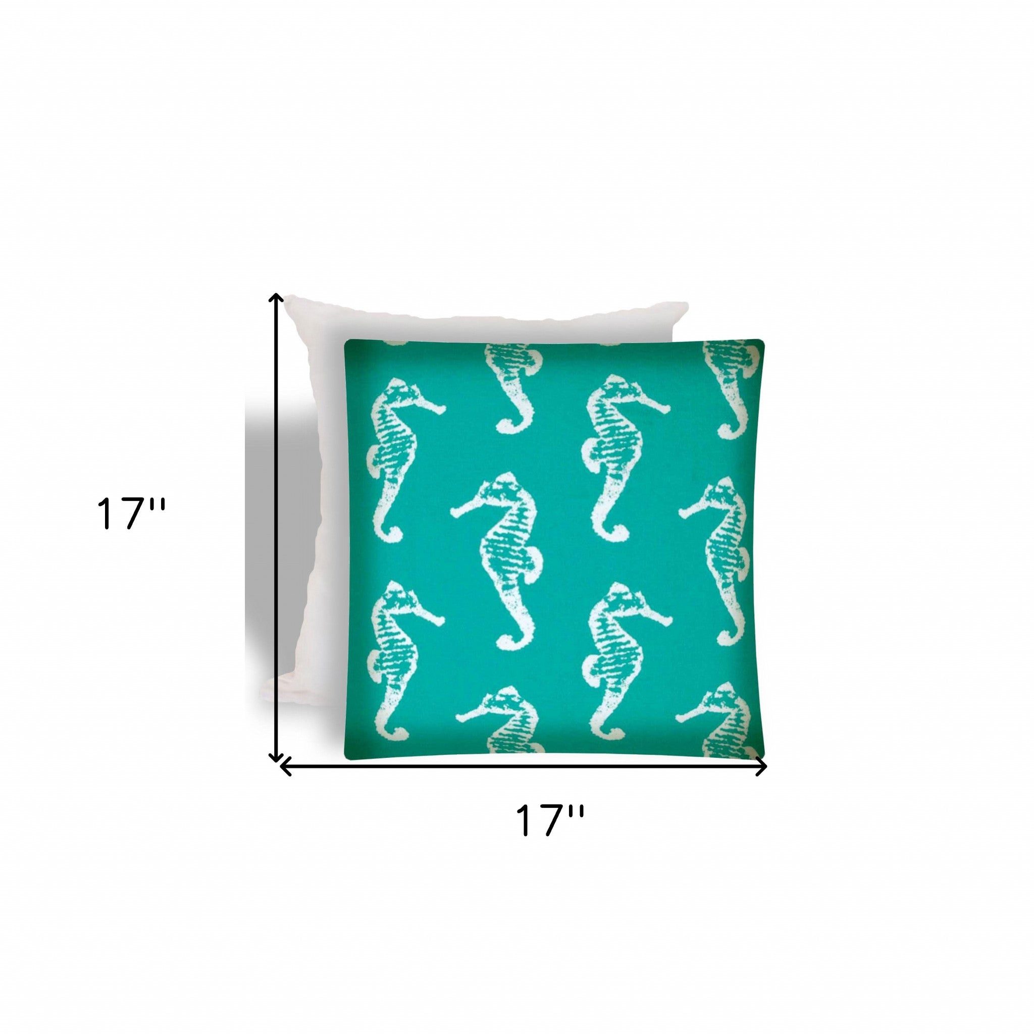 17" X 17" Turquoise And White Seahorse Zippered Coastal Throw Indoor Outdoor Pillow