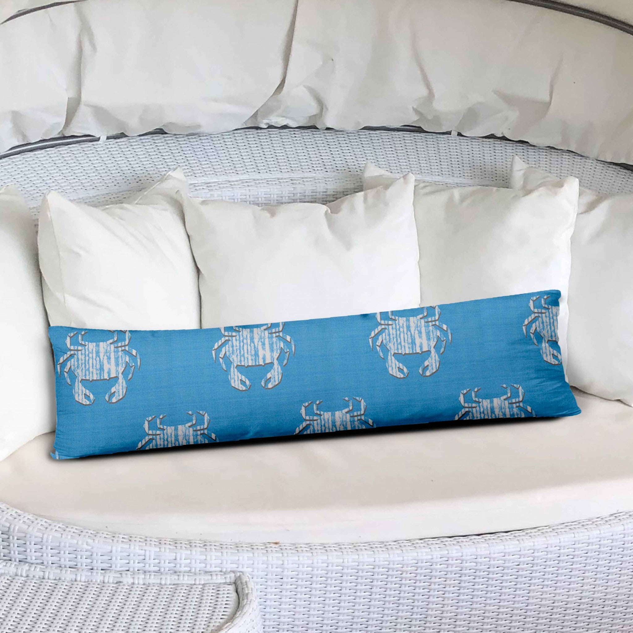 12" X 48" Blue And White Crab Enveloped Lumbar Indoor Outdoor Pillow Cover