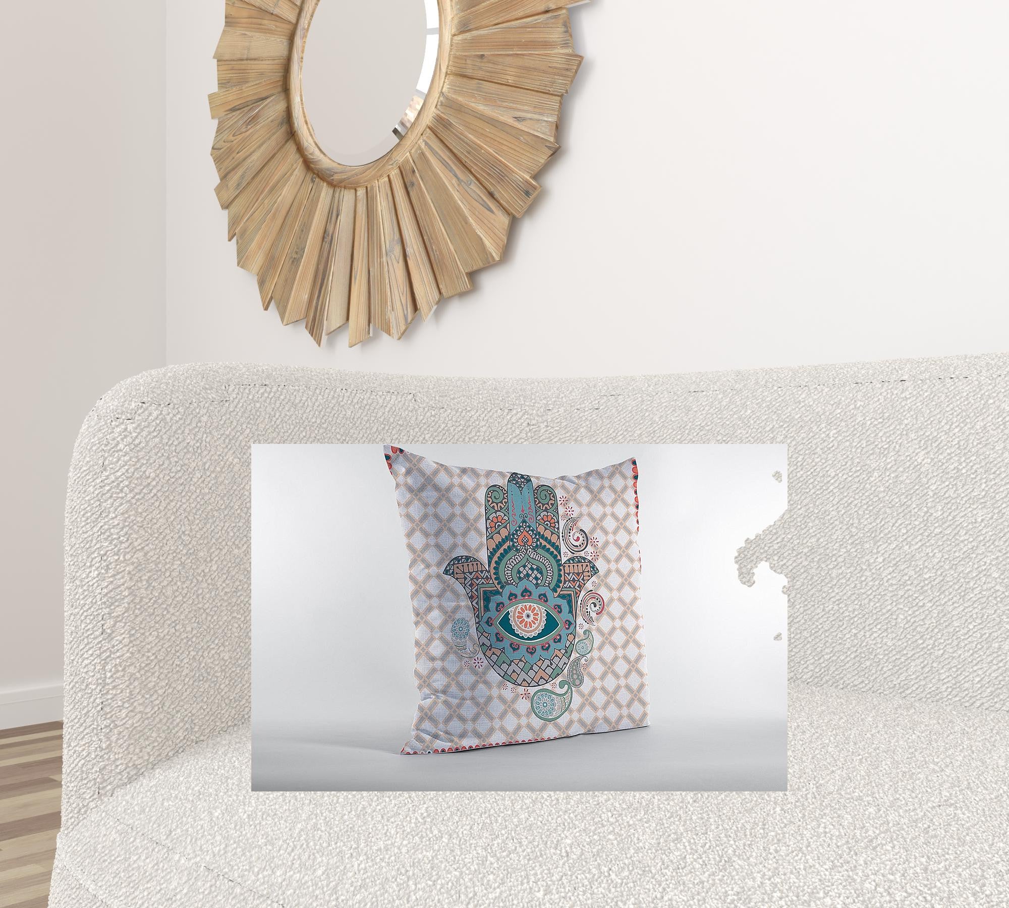 18” Blue Gray Hamsa Suede Zippered Throw Pillow