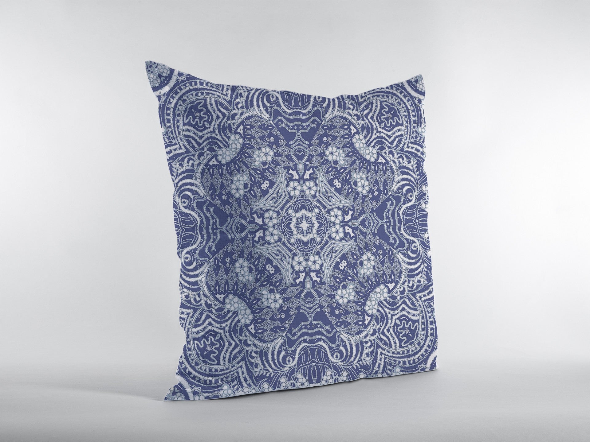 16” Indigo White Boho Ornate Zippered Suede Throw Pillow